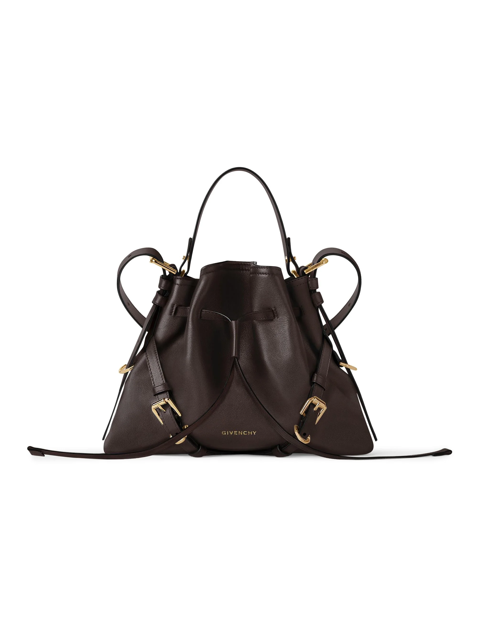 Women's Small Voyou Bucket Bag in Shiny Leather - Chocolate - 1
