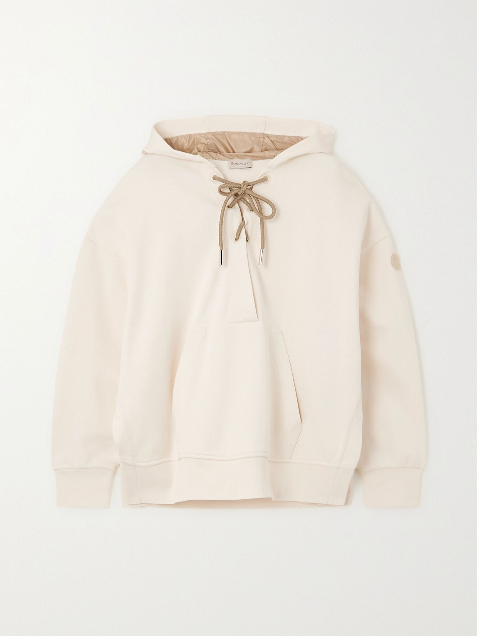 Lace-up cotton-blend jersey hoodie Cream - 1