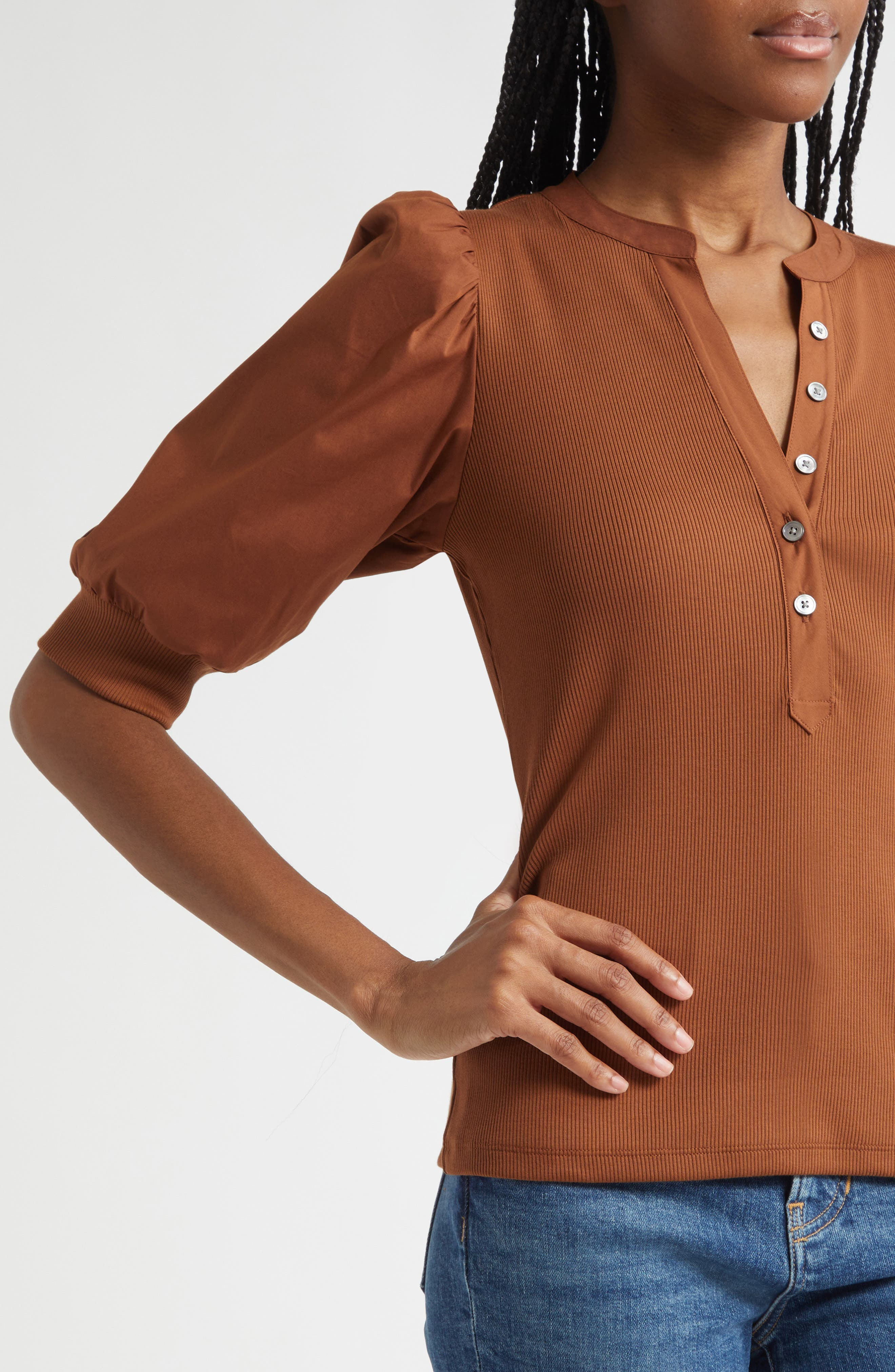 Veronica Beard Coralee Puff Sleeve Mixed Media Henley Top in Mahogany at Nordstrom - 4