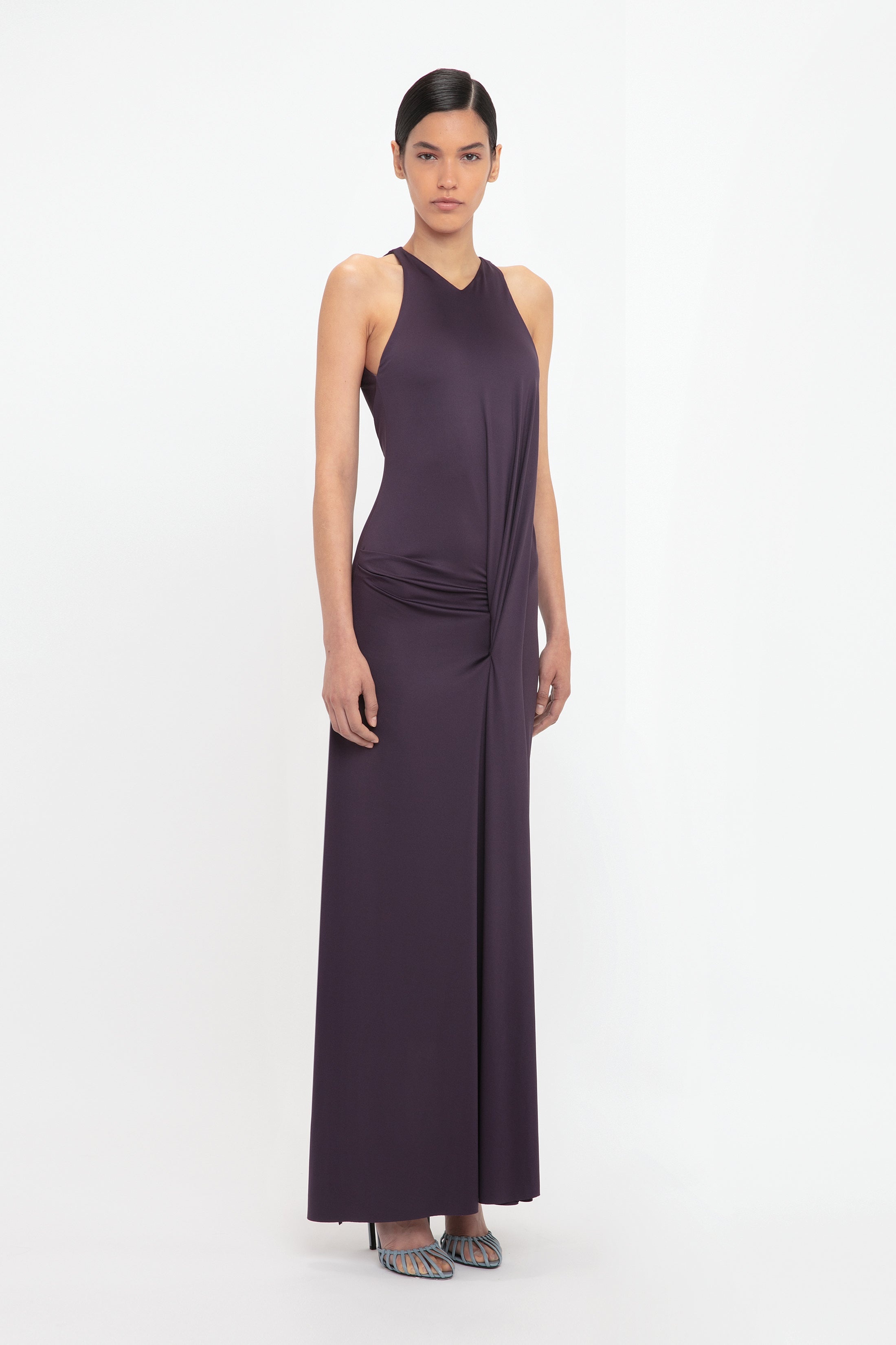 Sleeveless Drape Front Gown In Fig - 3