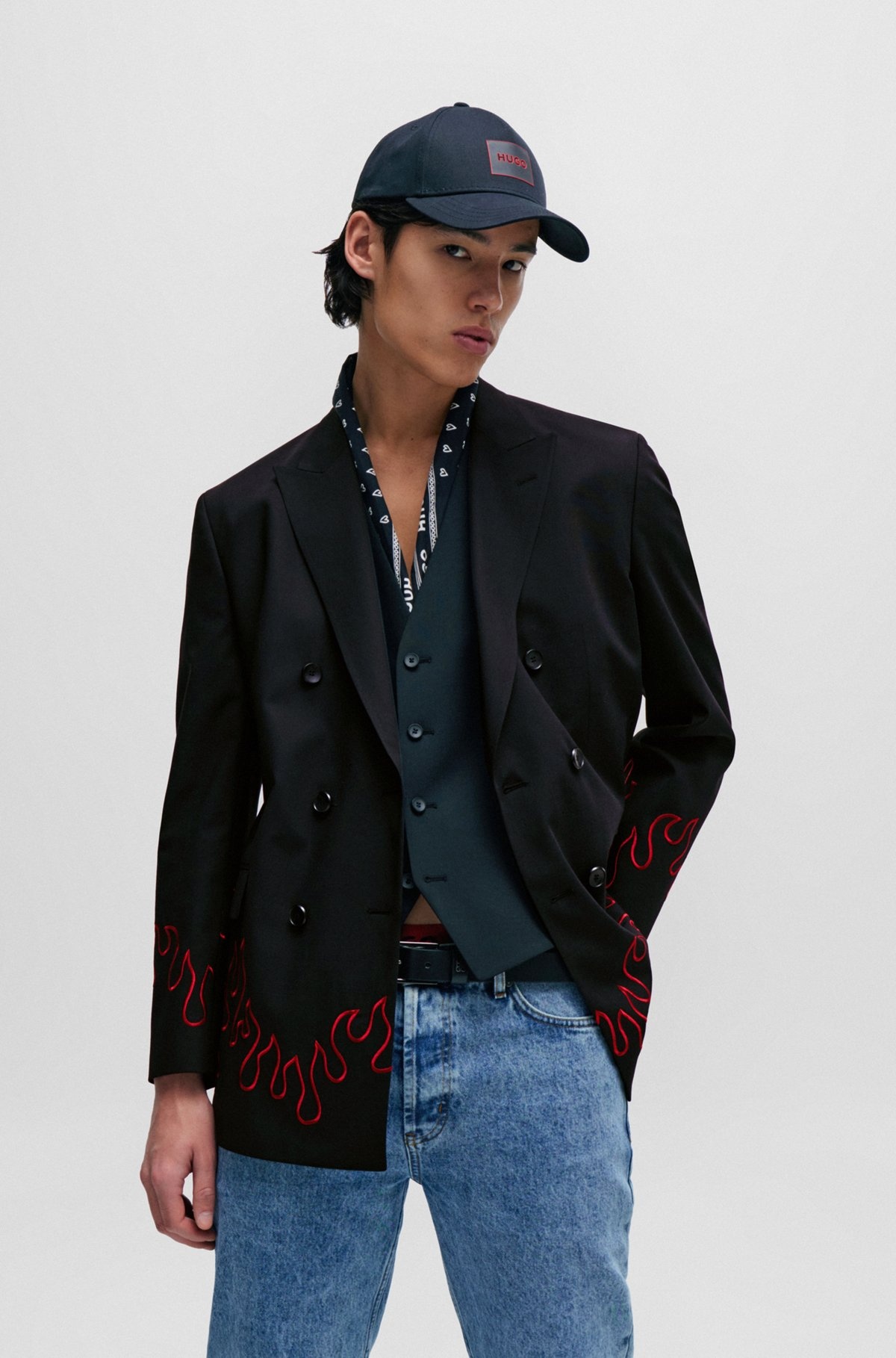 MODERN-FIT DOUBLE-BREASTED JACKET WITH FLAME EMBROIDERY - 2