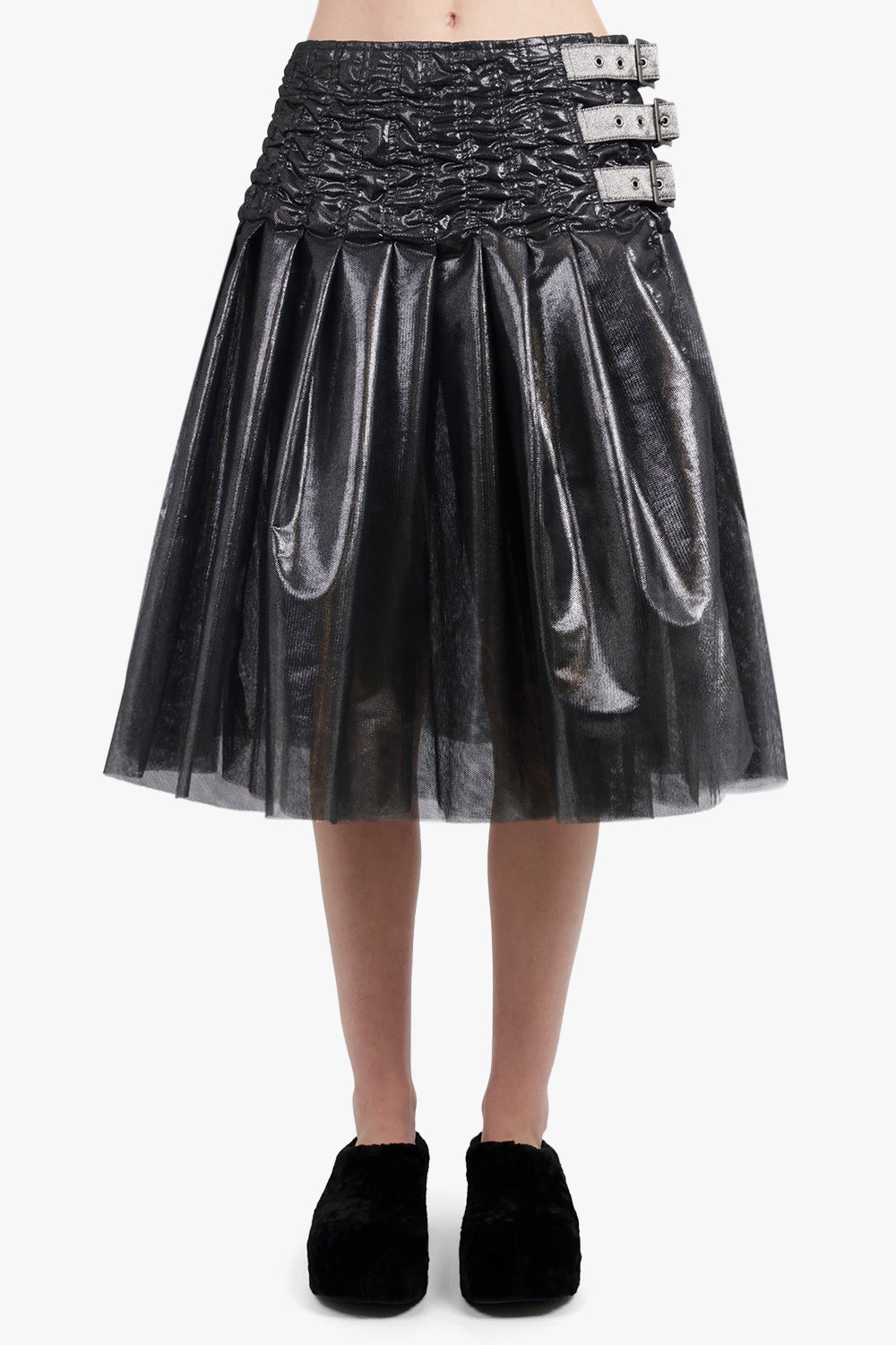 FOILED PRINT TULLE GATHERED MIDI SKIRT | SILVER/BLACK - 3
