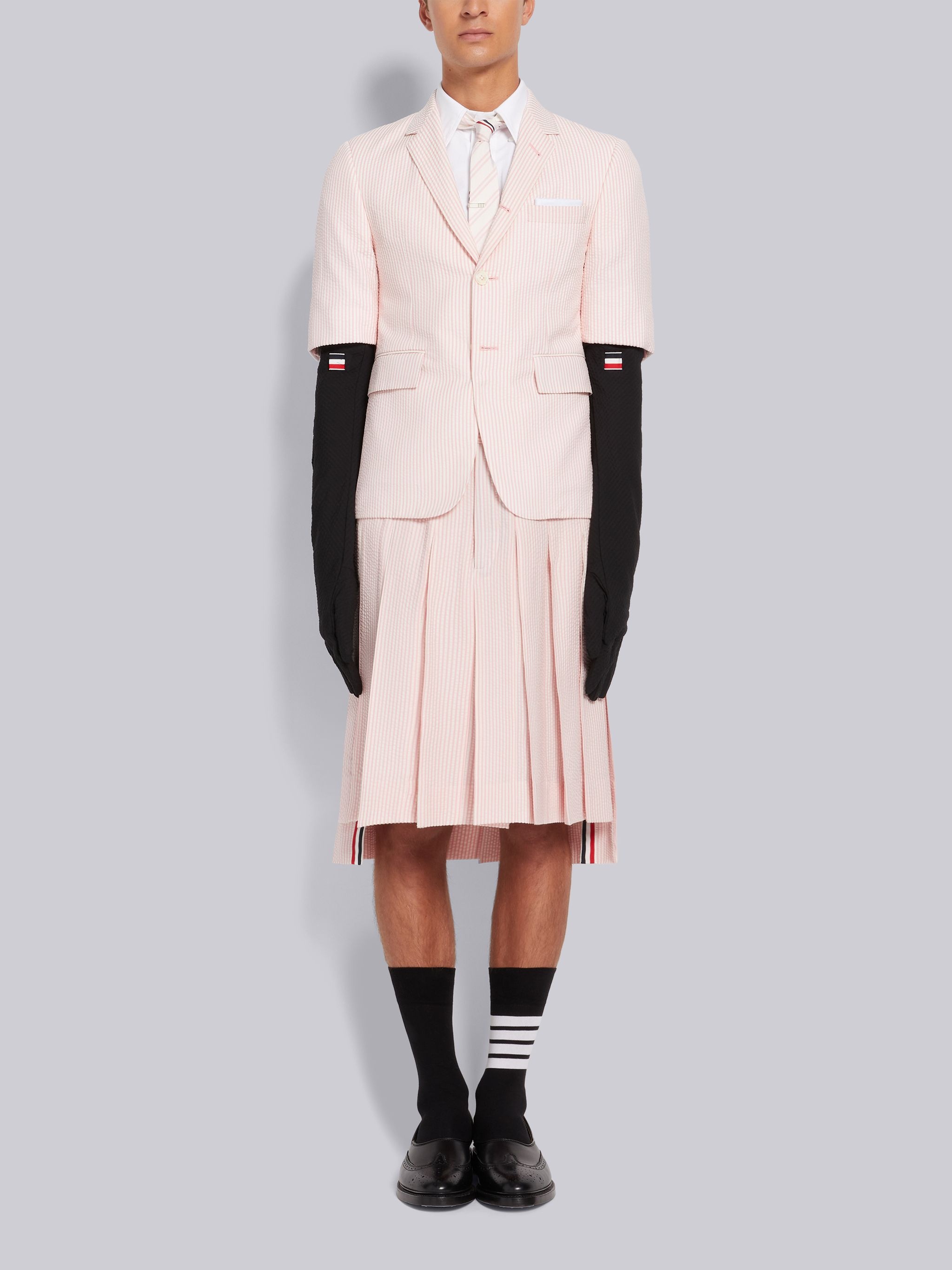 Light Pink Wool Seersucker Knee Length Backstrap Pleated Skirt - 4