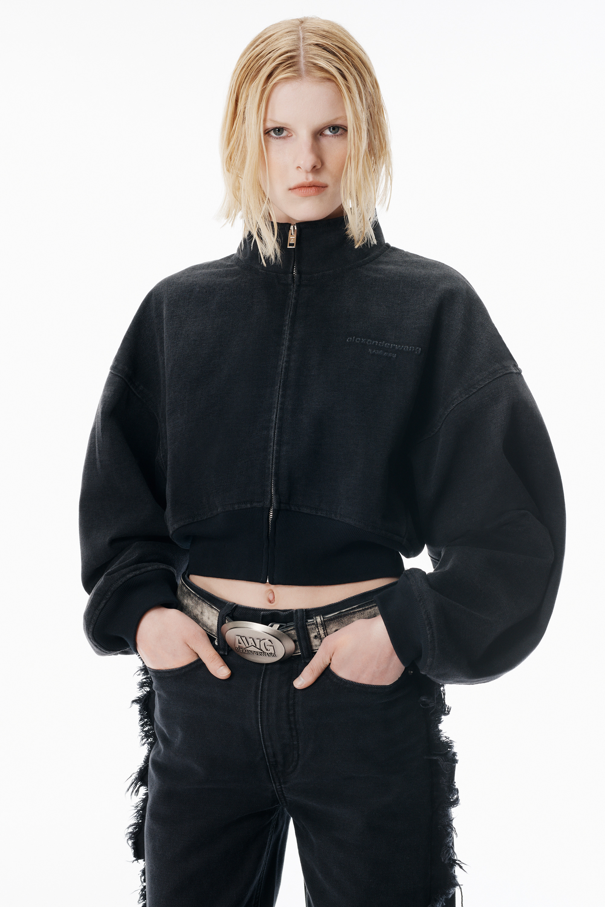 Black Brushed Denim Funnel Neck Jacket - 3