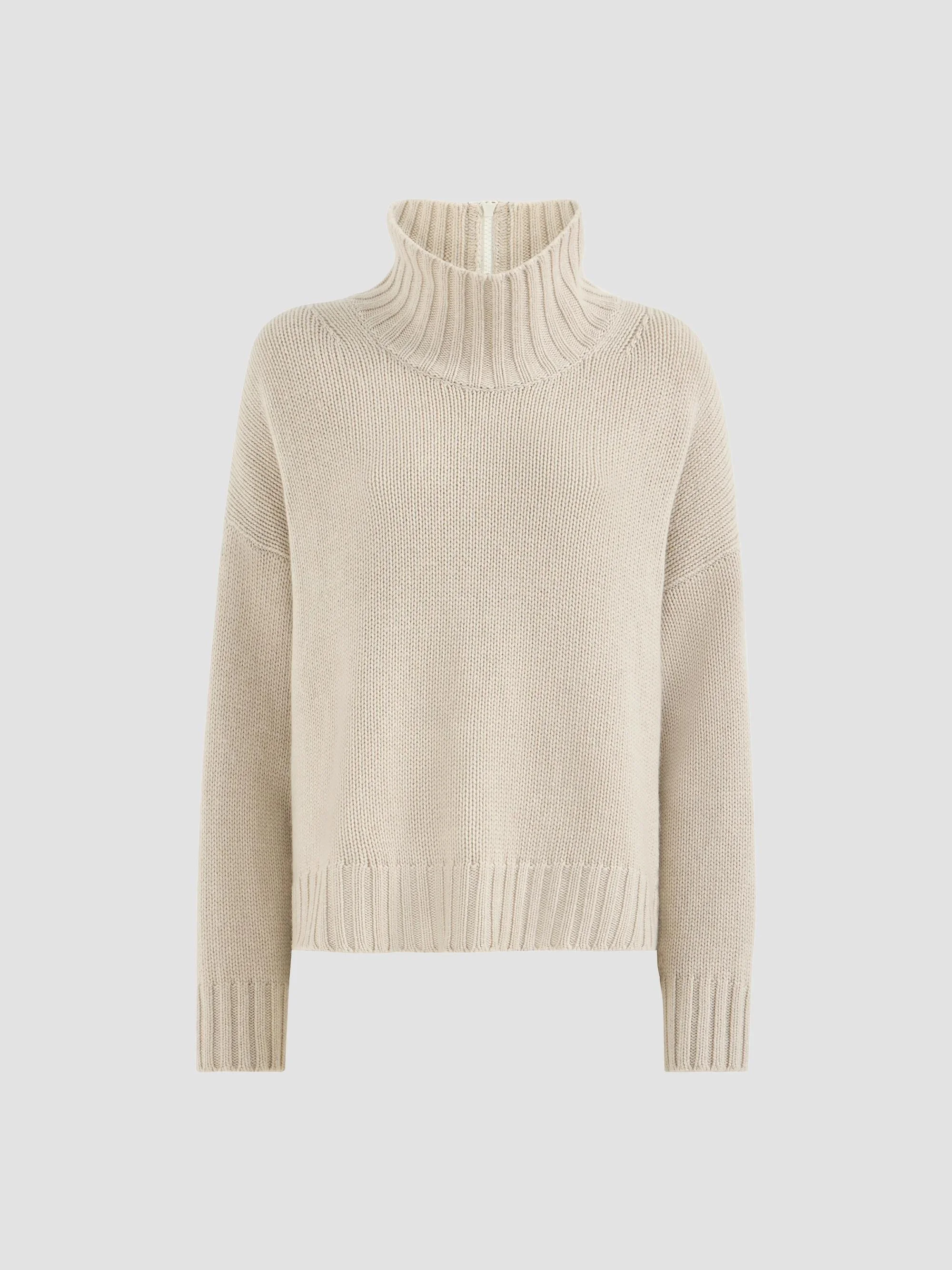 Women's Cashmere Turtleneck Sweater with Shiny Zipper - Buff - 1