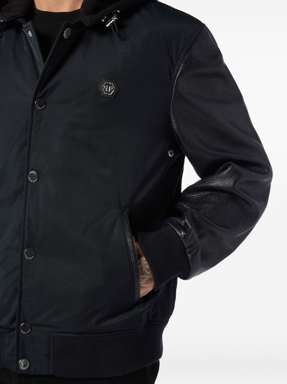 leather-sleeve hooded bomber jacket - 4