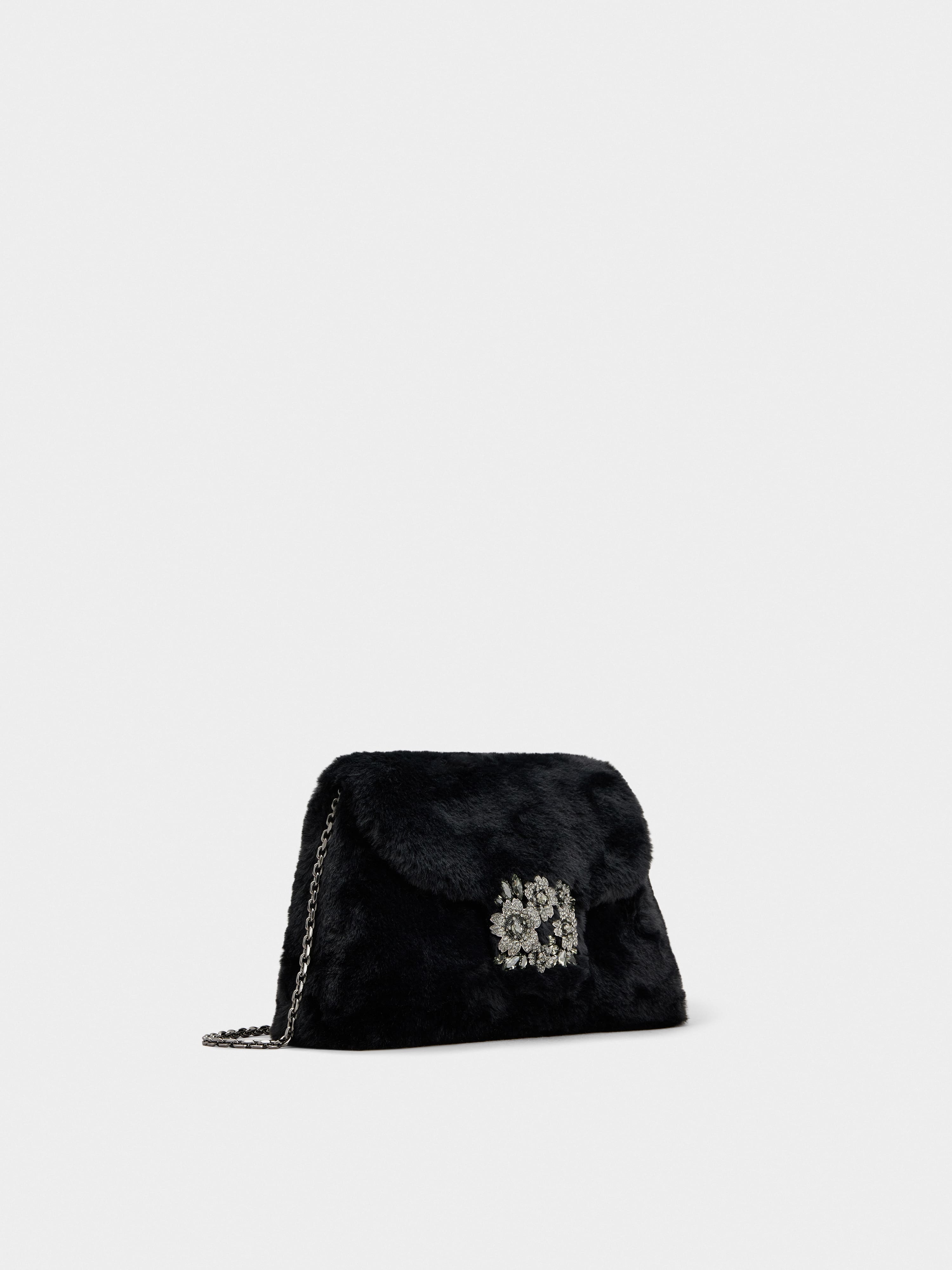 Drapé Bouquet Strass Dark Buckle Mini Bag in Faux Fur - 3