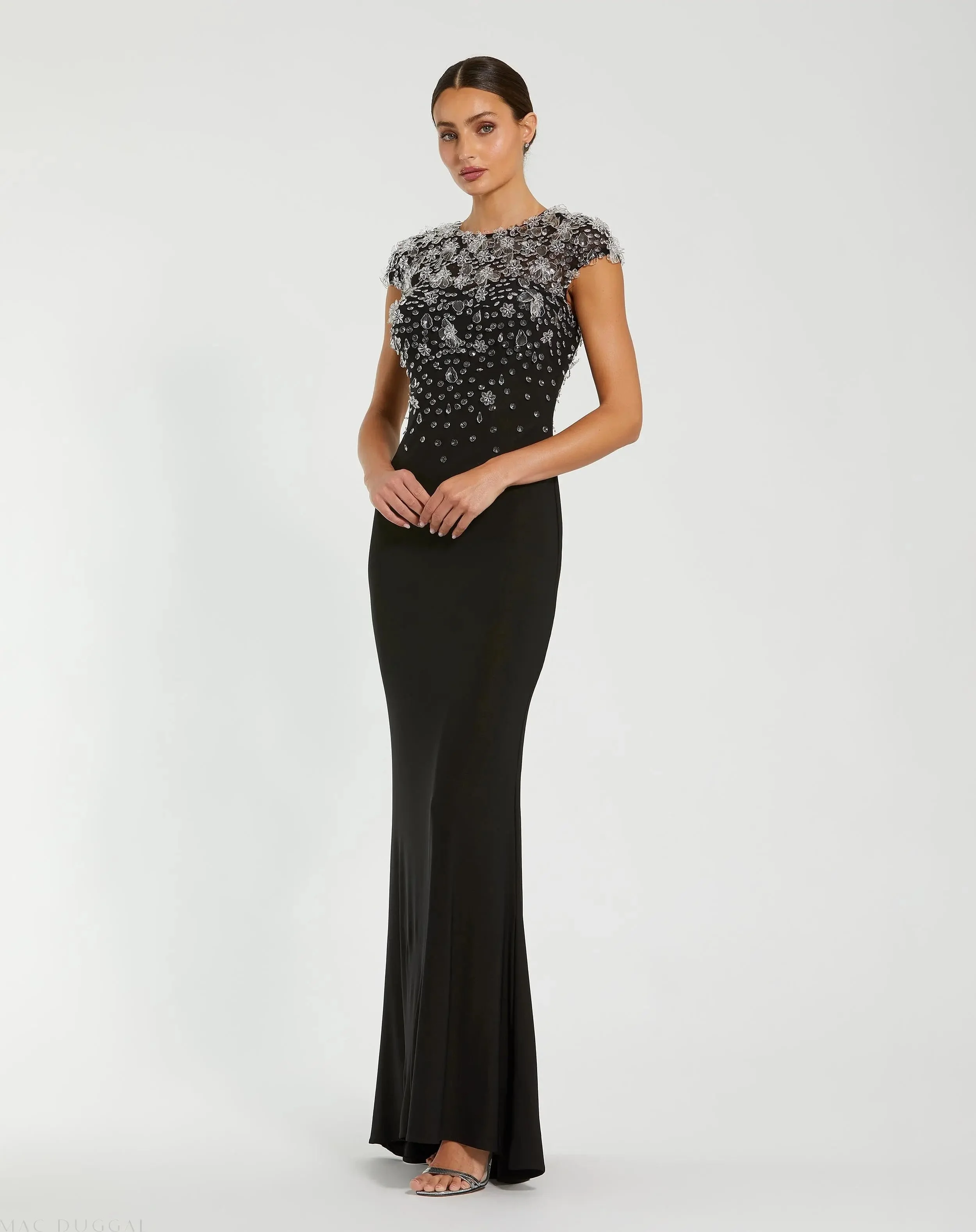 Black Crystal Embellished Jersey Fitted Cap Sleeve Gown - 1