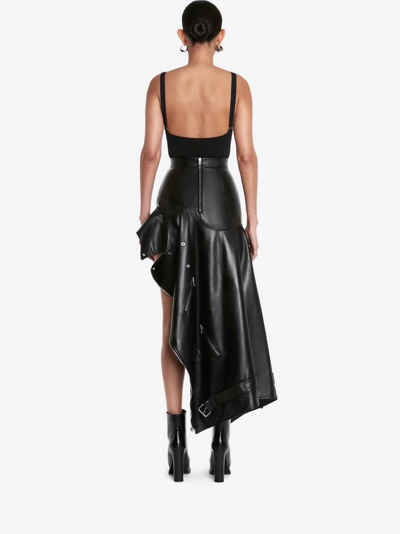 Women's Asymmetric Drape Biker Leather Skirt in Black - 4