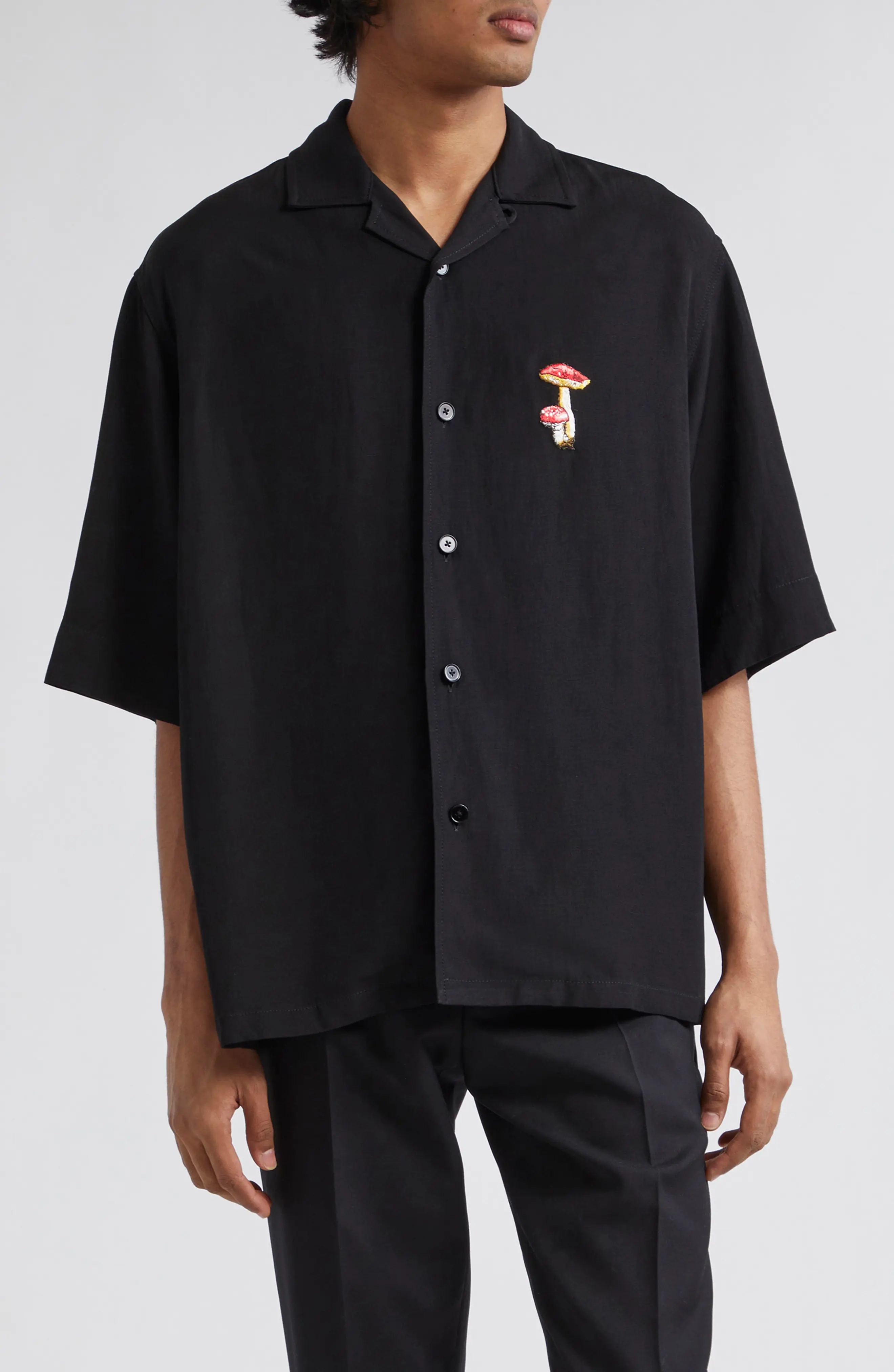 Embroidered Mushroom Short Sleeve Camp Shirt - 1