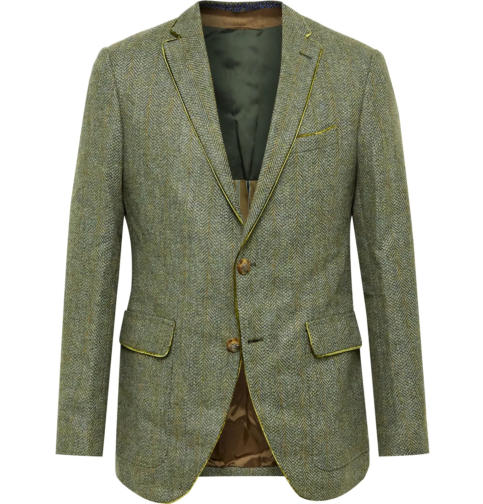 Unstructured Velvet-Trimmed Herringbone Wool Blazer - 1