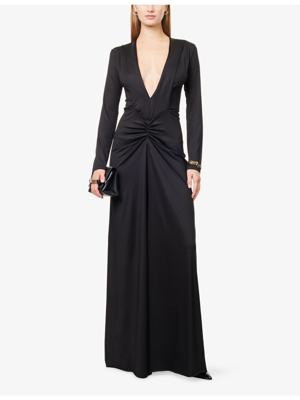 V-Neck Gathered Stretch-Woven Maxi Dress - 2