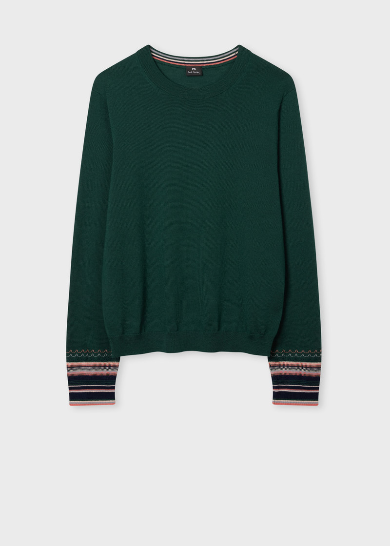 Women's Dark Green Merino Wool Stripe Cuff Sweater 1