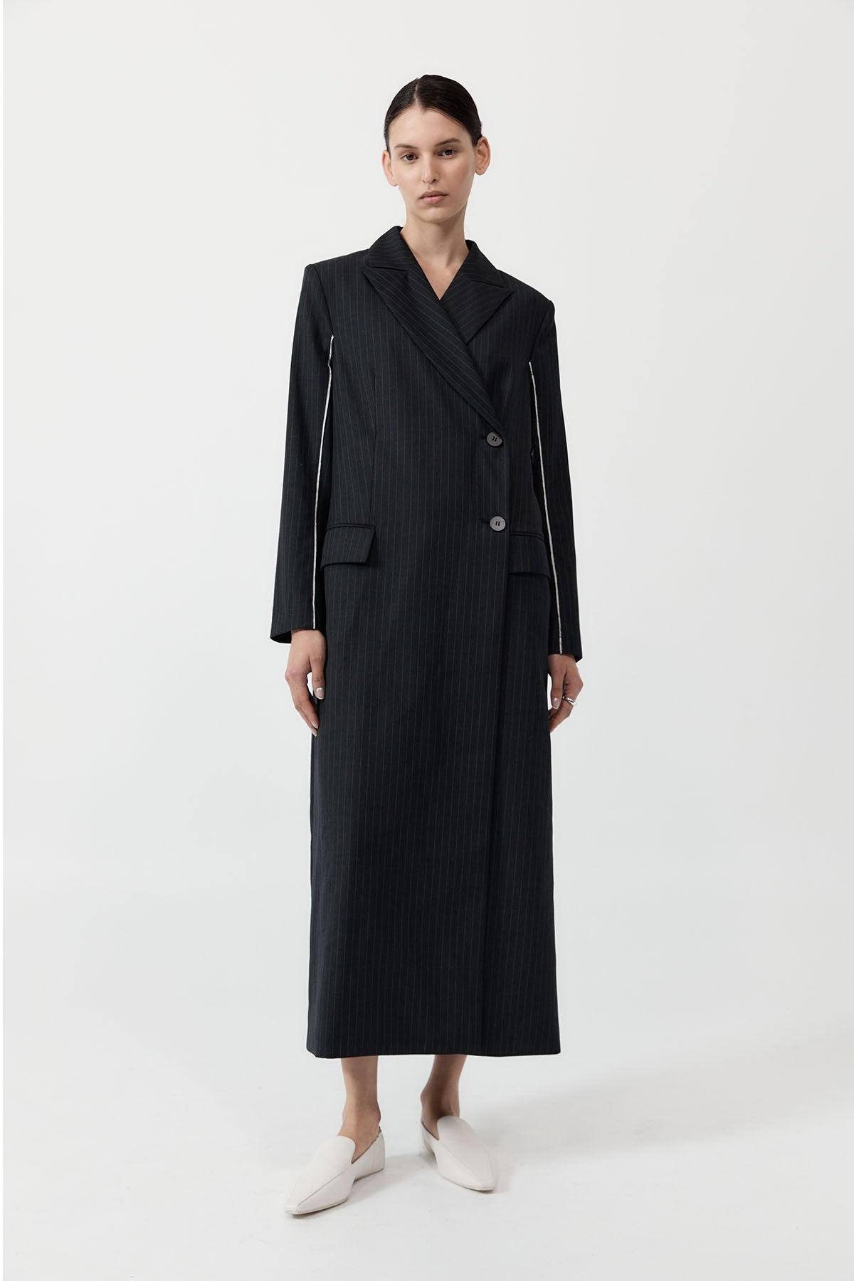 Pinstripe Maxi Coat - Black - 2