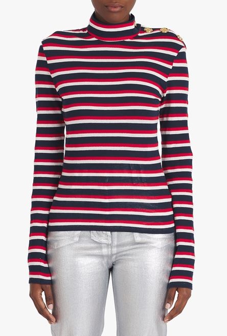 Navy blue and red nautical turtleneck sweater with gold-tone buttons - 5