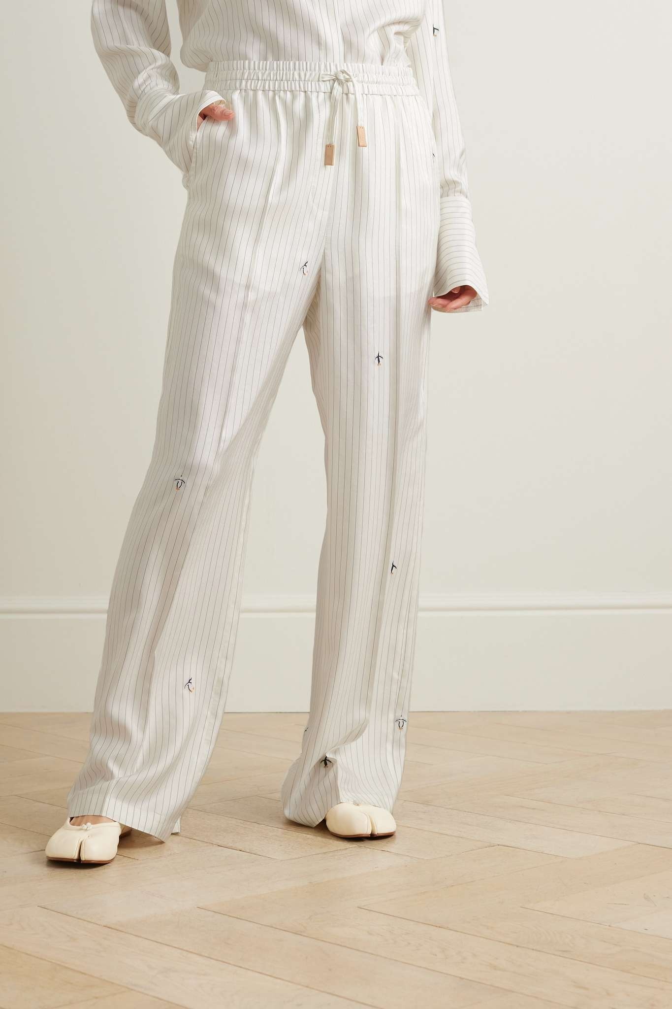 + Suna Fujita embroidered pinstriped silk and cotton-blend twill straight-leg pants - 3