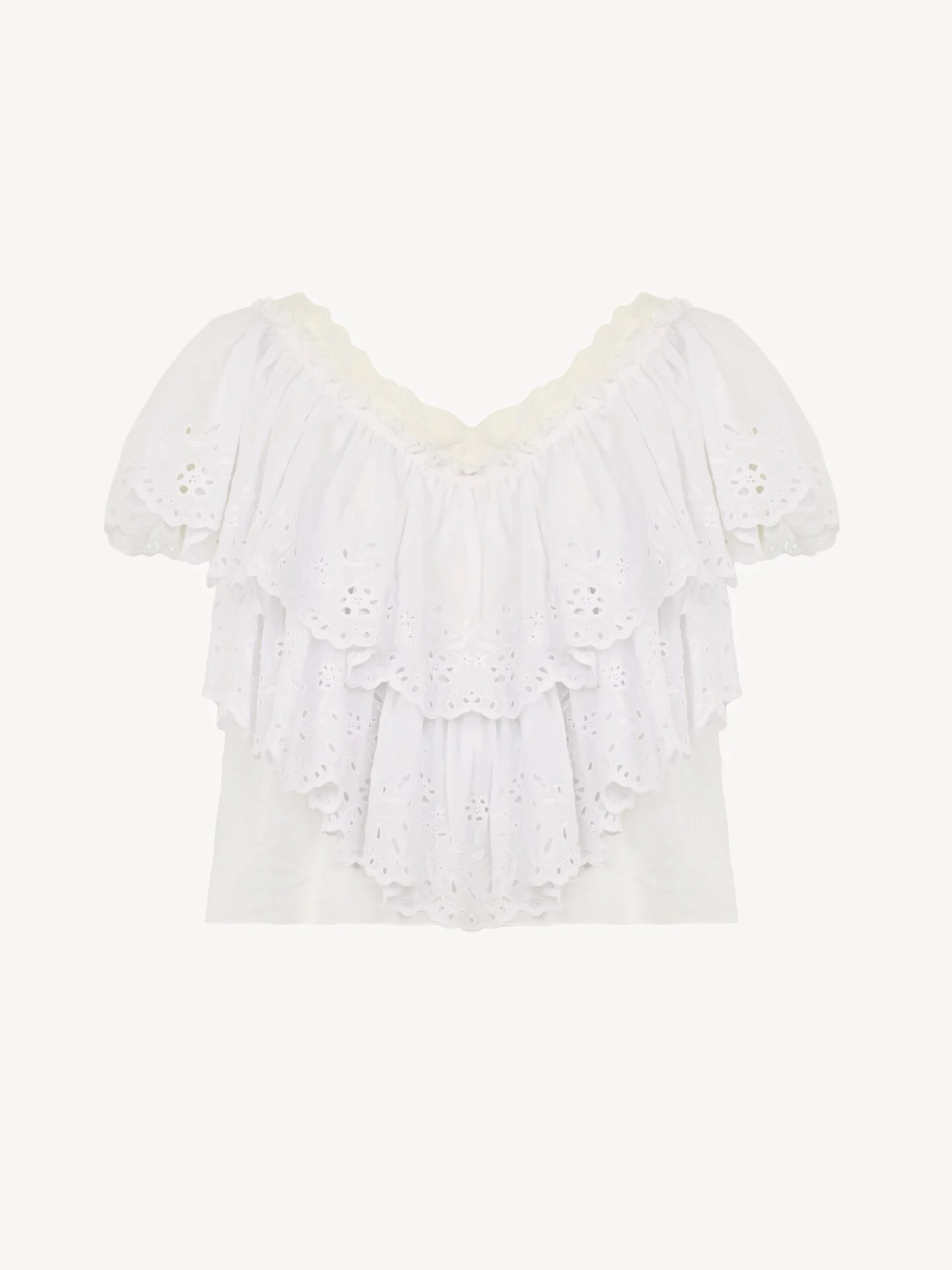 CROPPED V-NECK RUFFLE TOP IN COTTON VOILE & LACE - 1