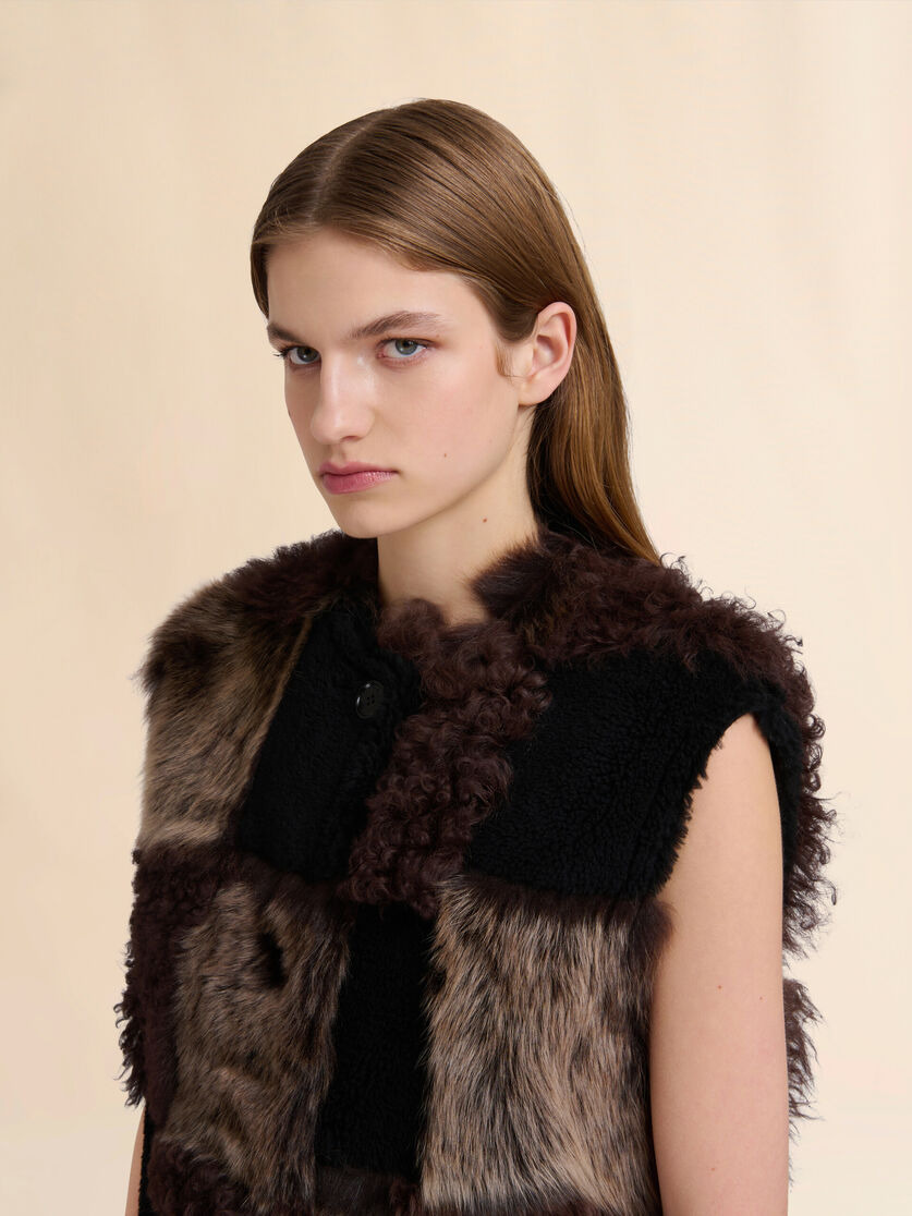 BROWN MIXED SHEARLING LONGLINE VEST - 4