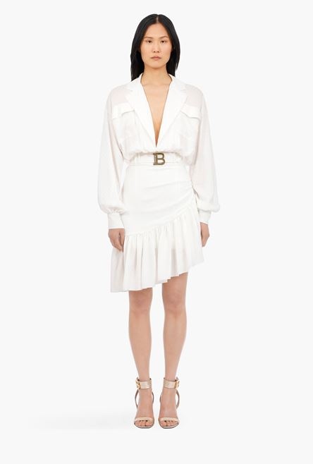 White silk shirt dress and Balmain logo belt - 4