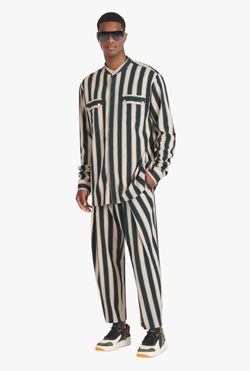 Balmain Sand-colored and dark green striped eco-designed cotton pleated pants outlook