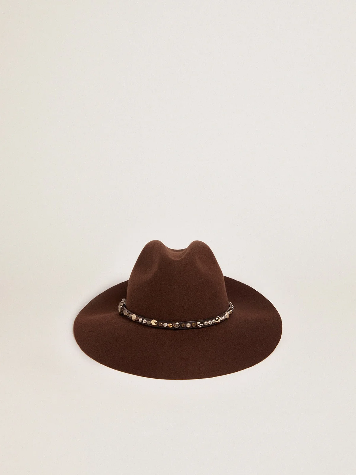 Coffee-brown hat with studded leather strap - 1