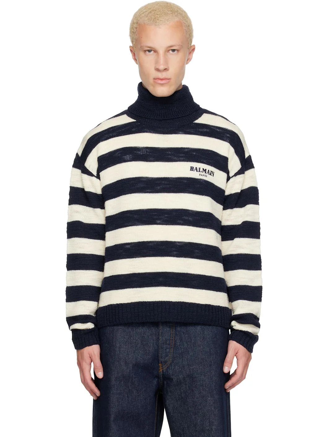 Navy & Off-White Mariniere Vintage Wool Turtleneck - 1