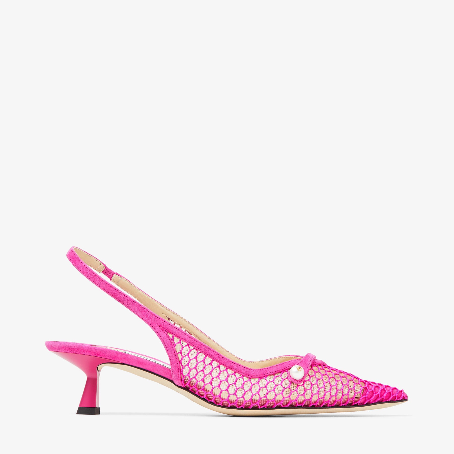 JIMMY CHOO Amita 45 Fuchsia Fishnet Mesh and Suede Slingback Pumps 