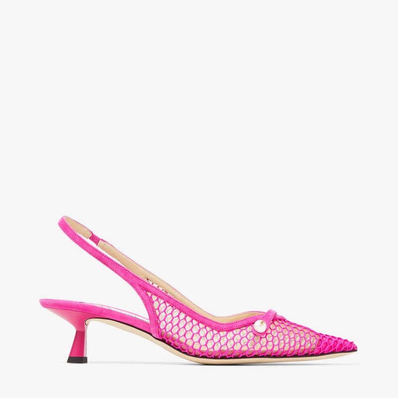 Amita 45 Fuchsia Fishnet Mesh and Suede Slingback Pumps - 1