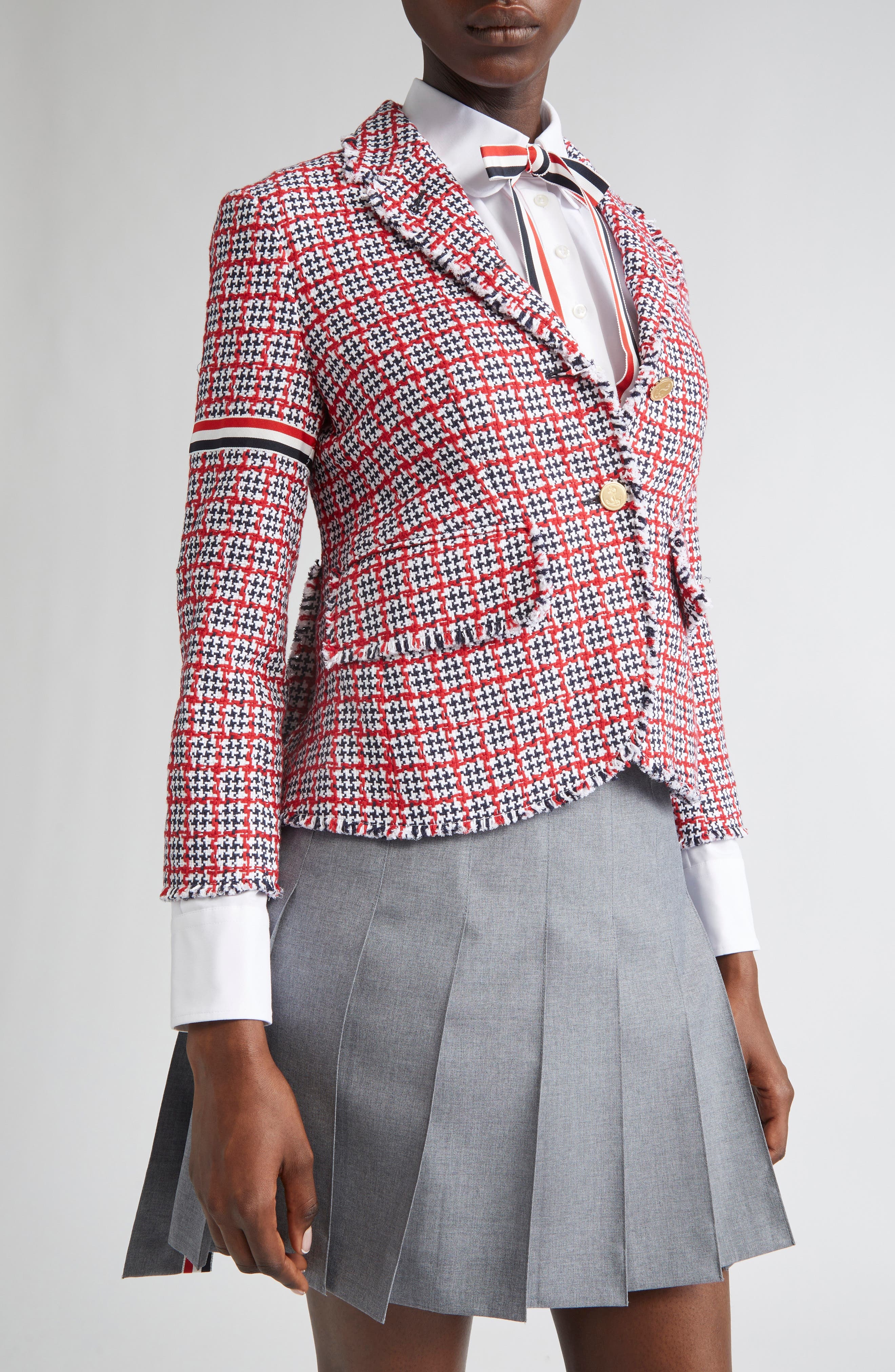 Thom Browne Fray Cotton Tweed Blazer in Red Multi at Nordstrom - 5