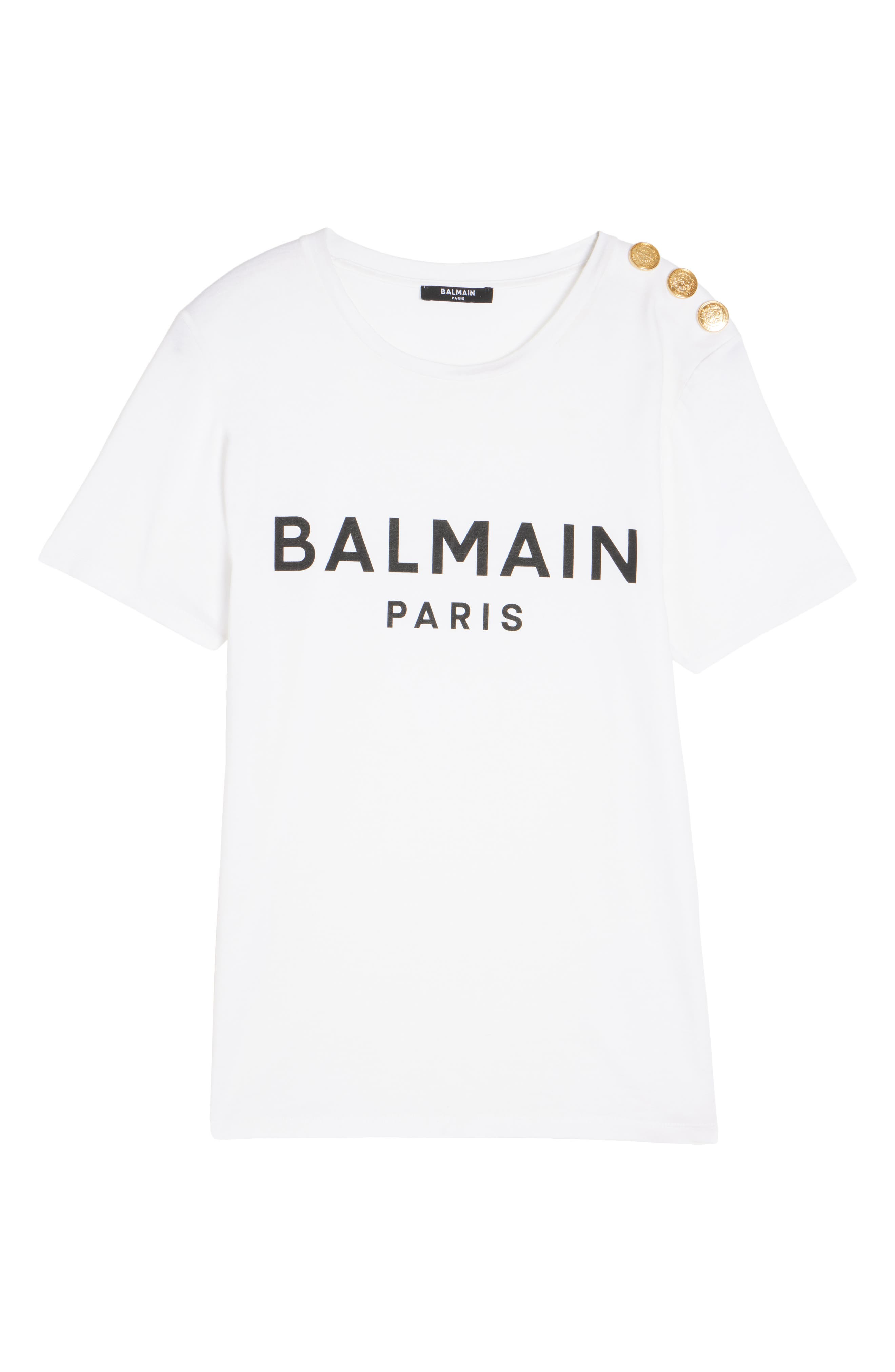 Balmain Button Shoulder Cotton Logo Graphic T-Shirt in Gab White/Black at Nordstrom - 6