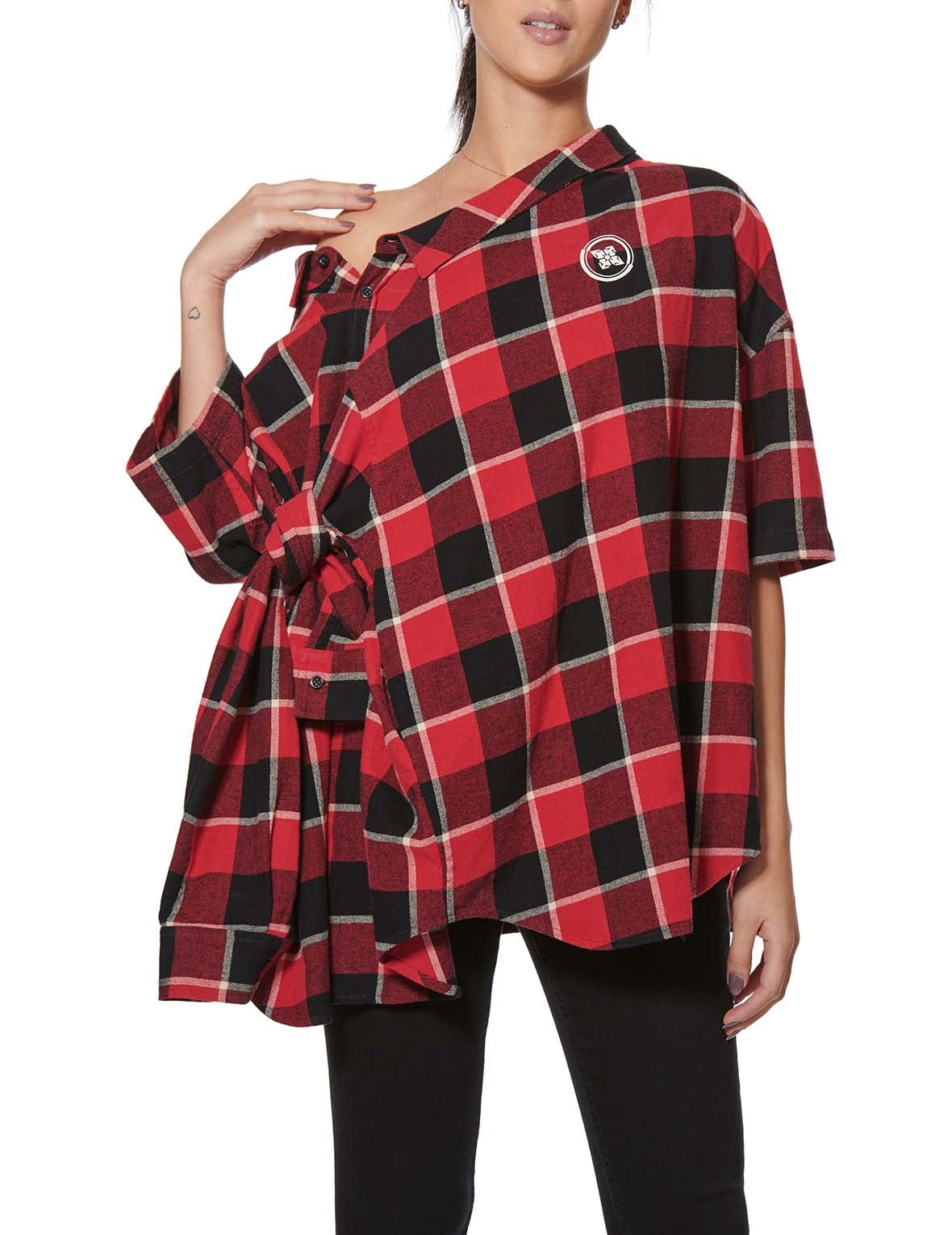 Calligraphy Print Asymmetric Flannel Shirt - 4