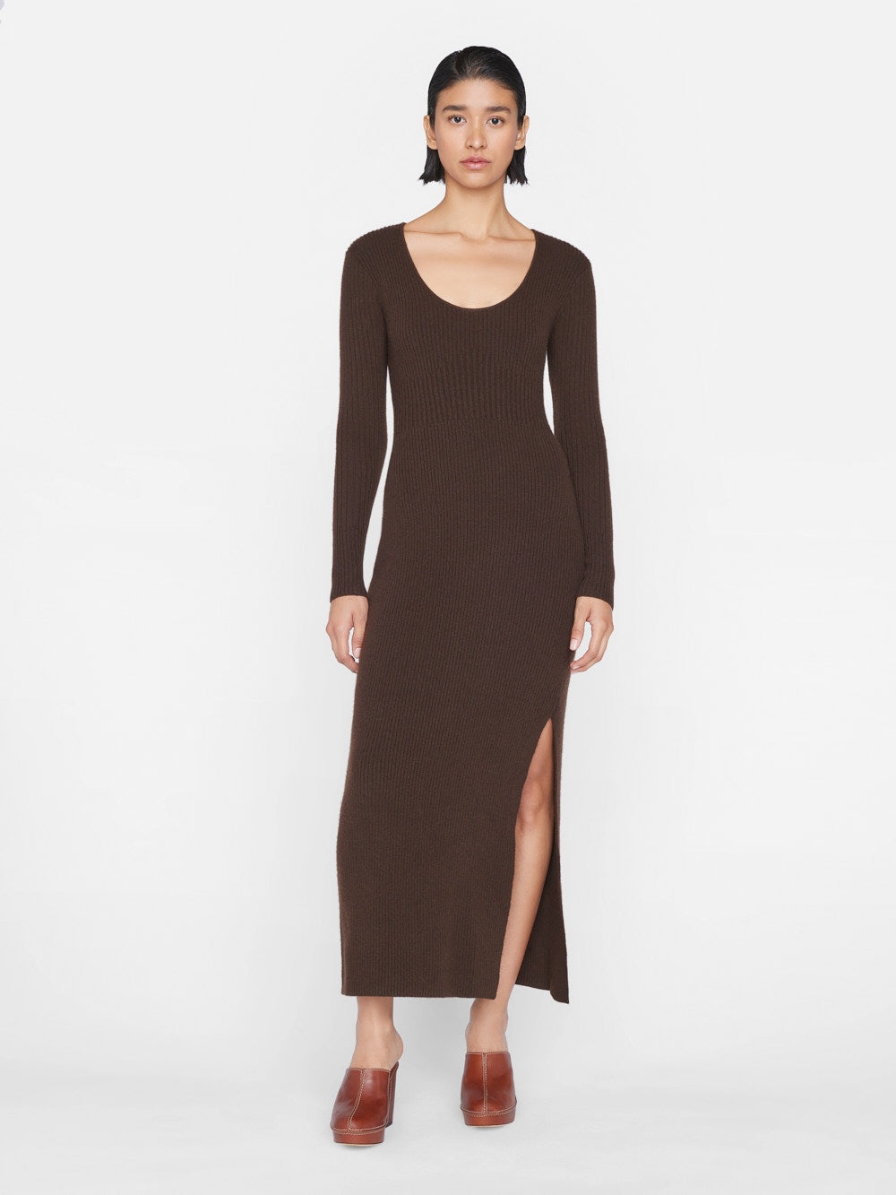 Ribbed Cashmere U-Neck Dress in Espresso - 2