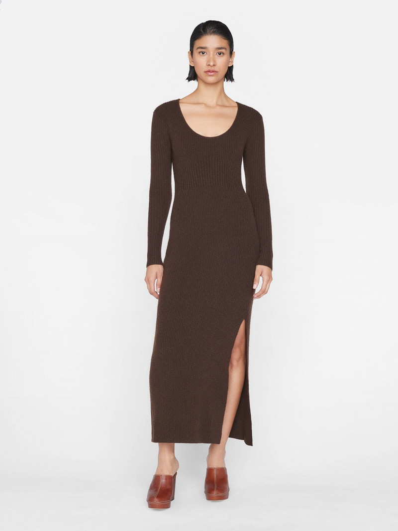 FRAME Ribbed Cashmere U-Neck Dress in Espresso outlook