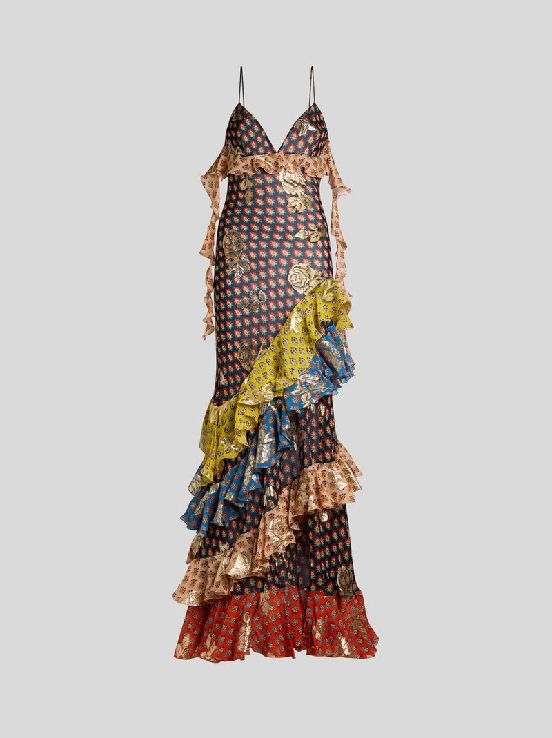 LONG SILK DRESS WITH FIL COUPÉ ROSES AND TIE-INSPIRED MOTIF 1