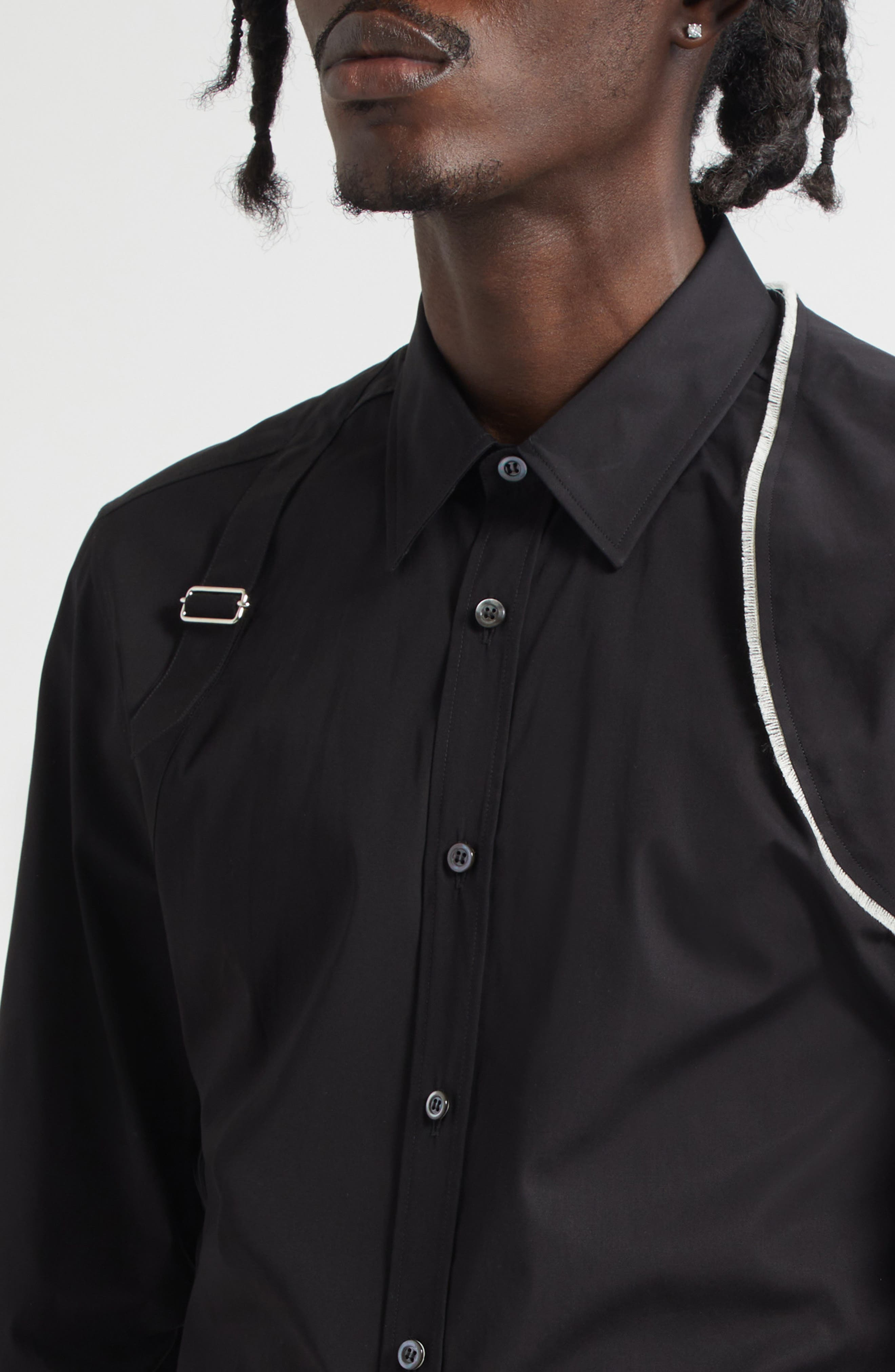 McQueen Raw Edge Harness Cotton Popling Button-Up Shirt in Black at Nordstrom - 5
