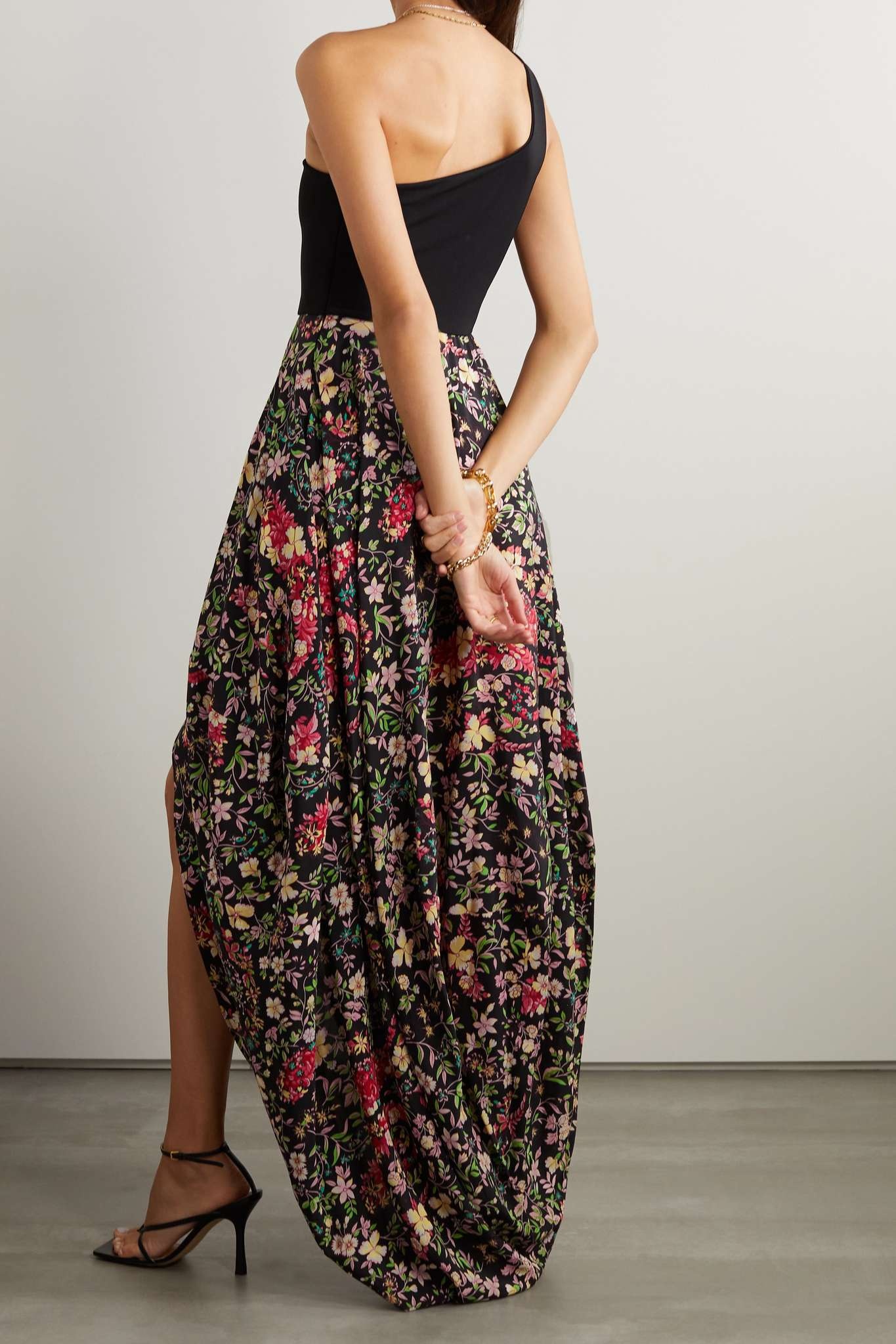 One-shoulder jersey and floral-print silk crepe de chine dress - 3