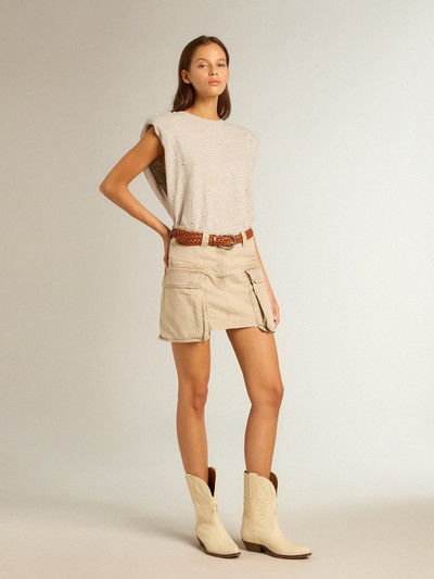 Golden Goose Aged white sleeveless T-shirt with padded shoulder and pearls outlook