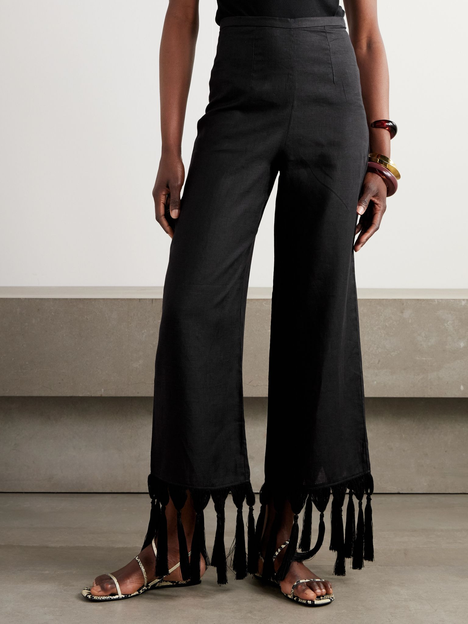 Marlino tasseled linen wide-leg pants Black - 3