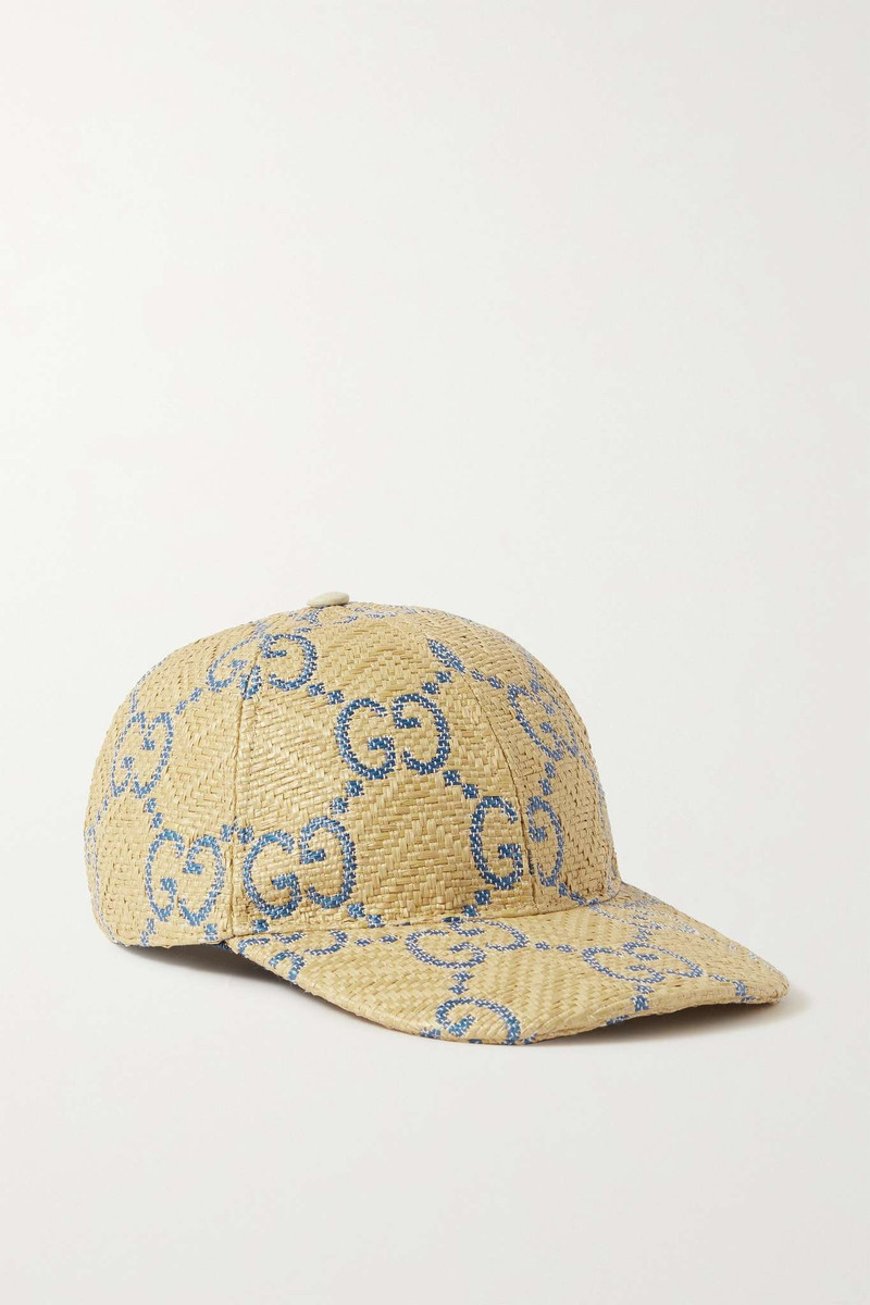 Leather-trimmed raffia-effect jacquard baseball cap - 1