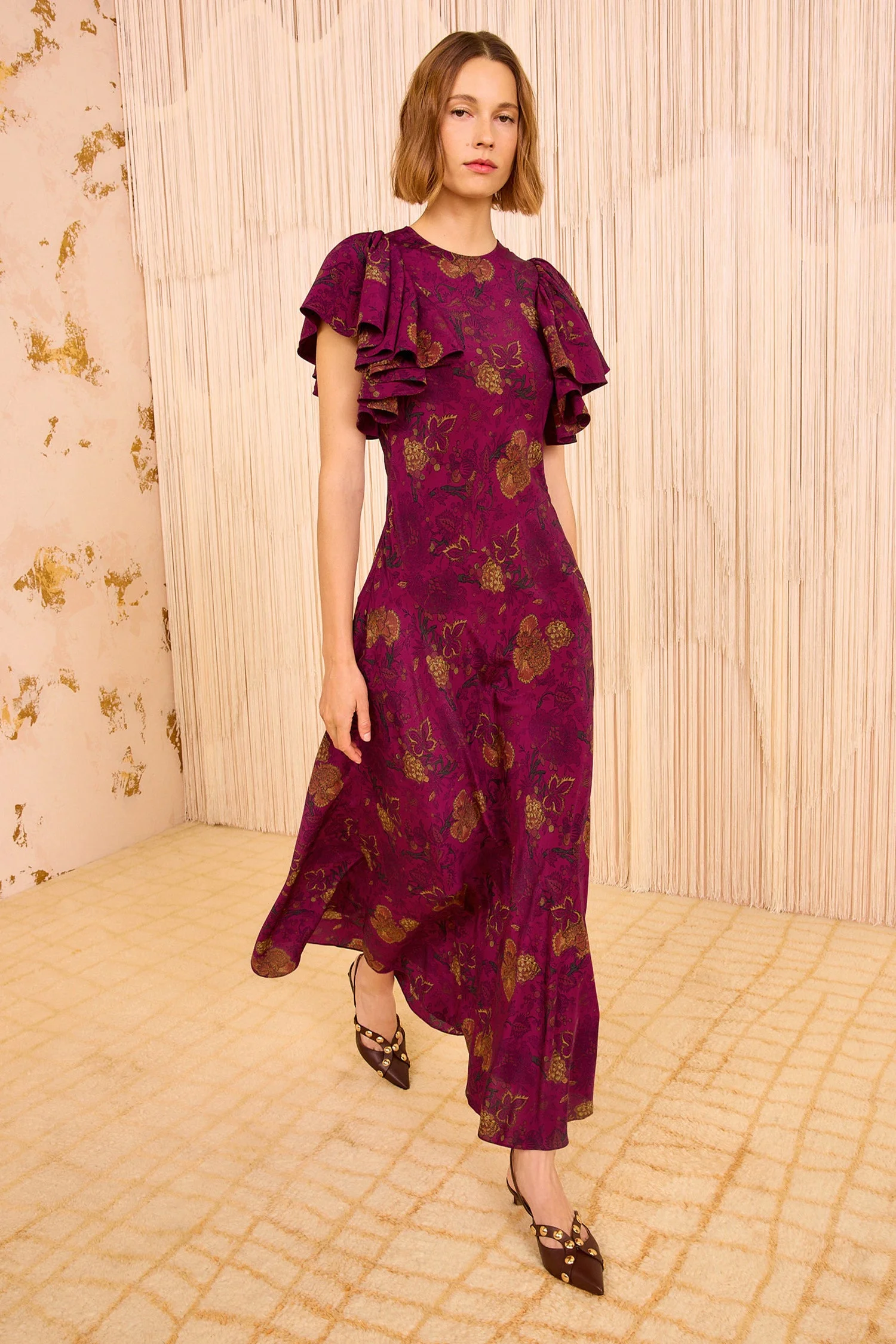 Mariam Silk Bias Cut Flutter Sleeve Dress - 1
