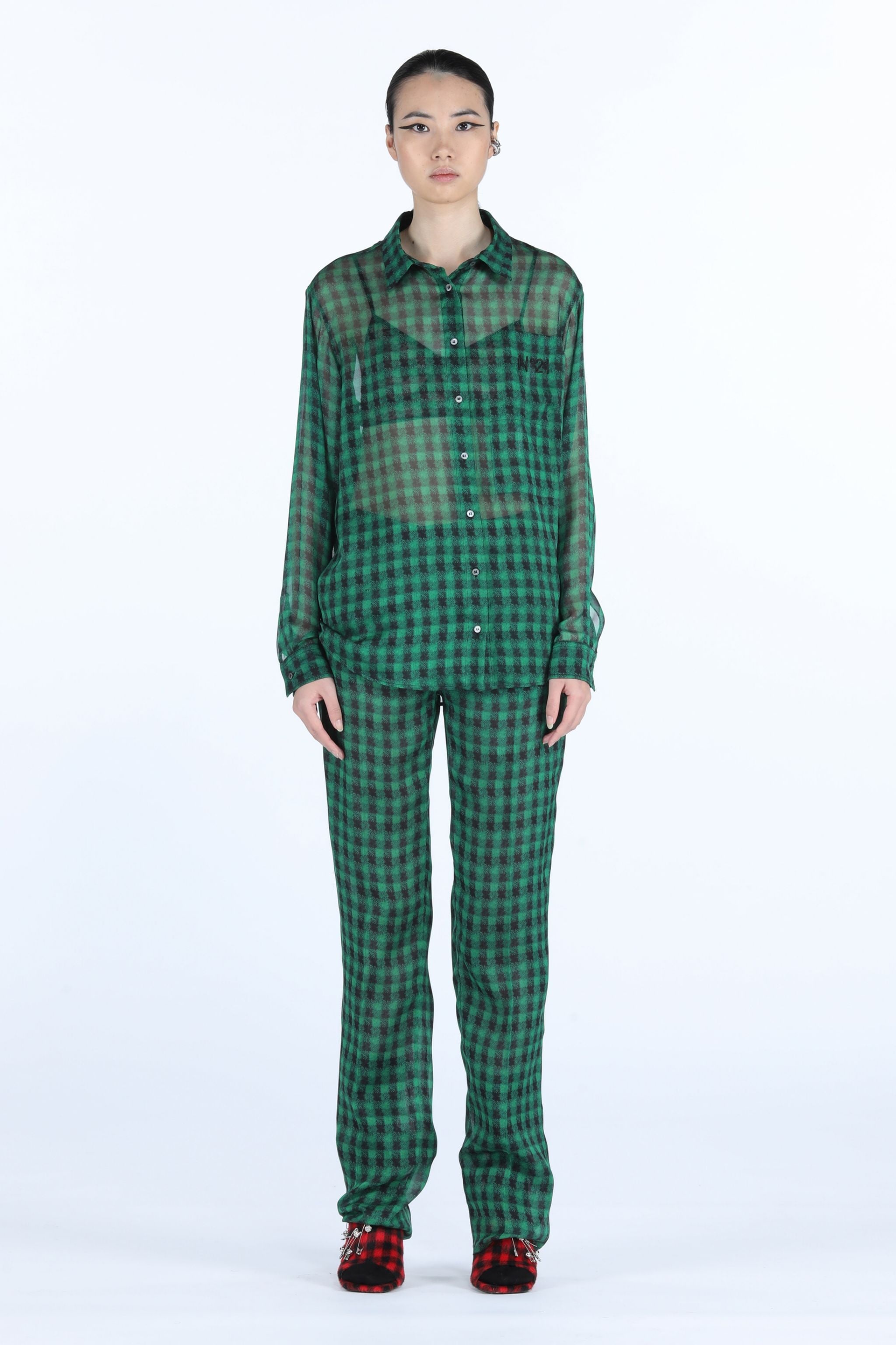 LOGO-EMBROIDERED CHECKED SILK SHIRT - 4