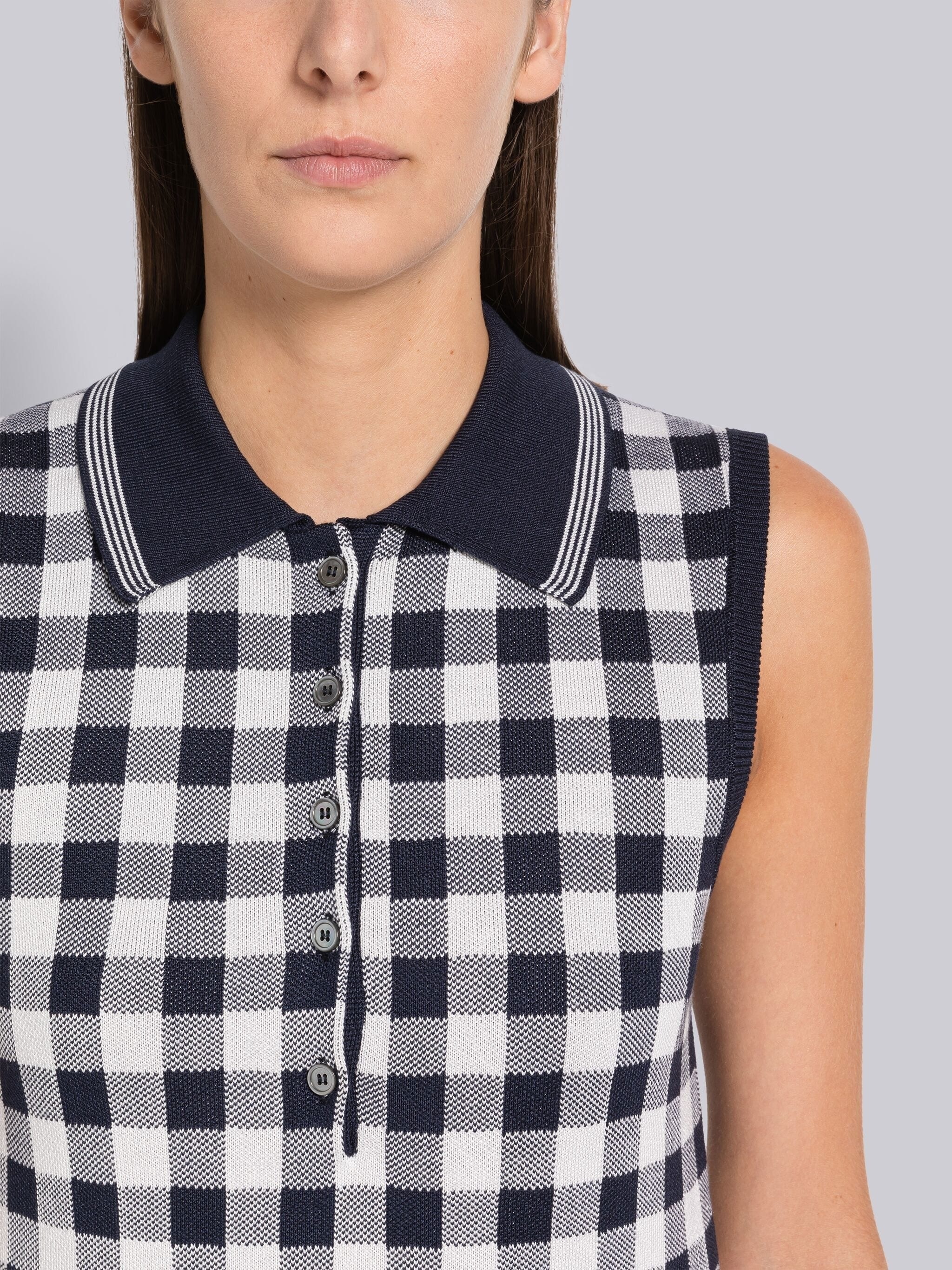 Gingham Silk Jacquard 4-Bar Polo Shell Top - 5