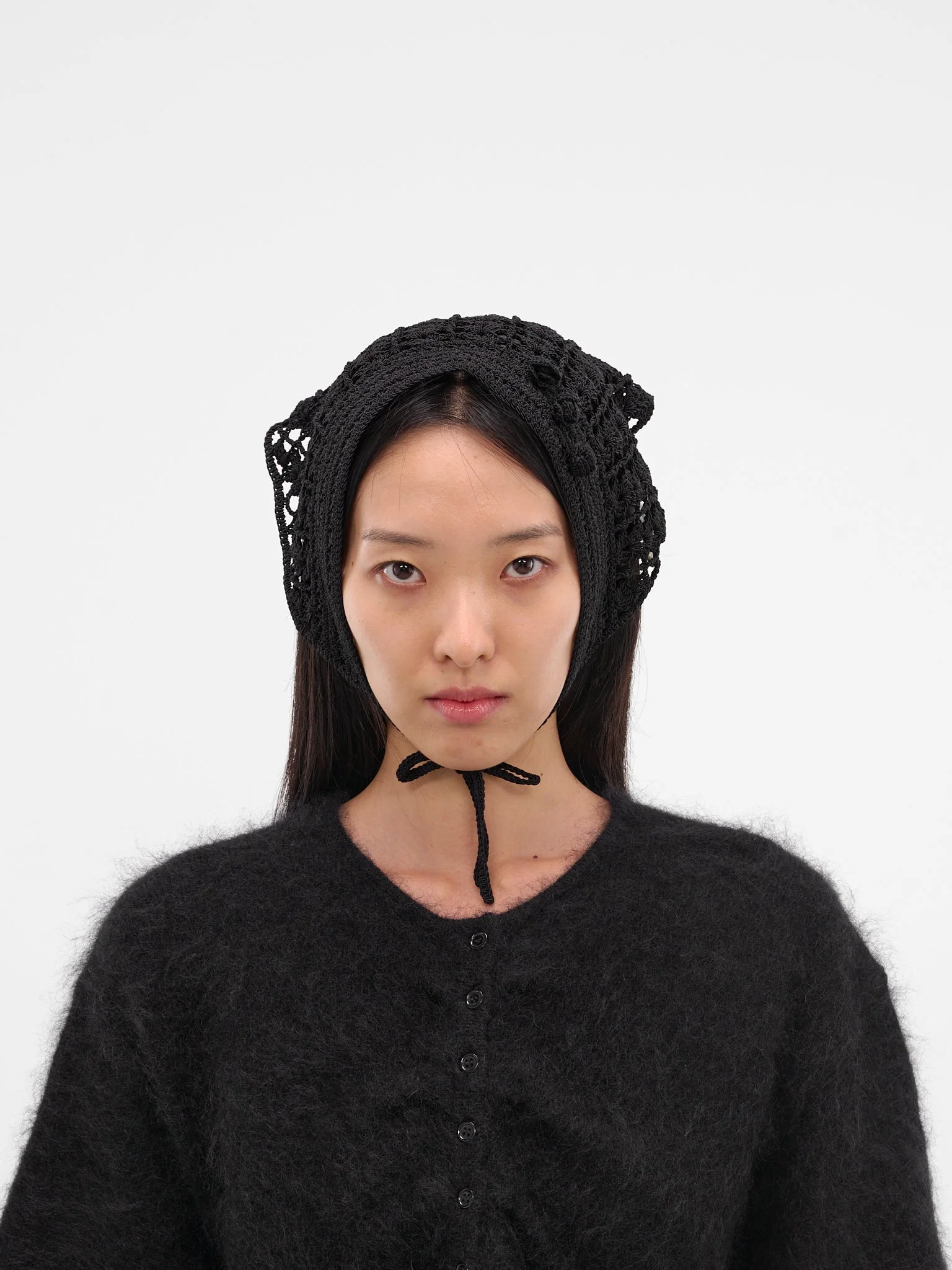 Black Hand-Crocheted Wool Headscarf - 1