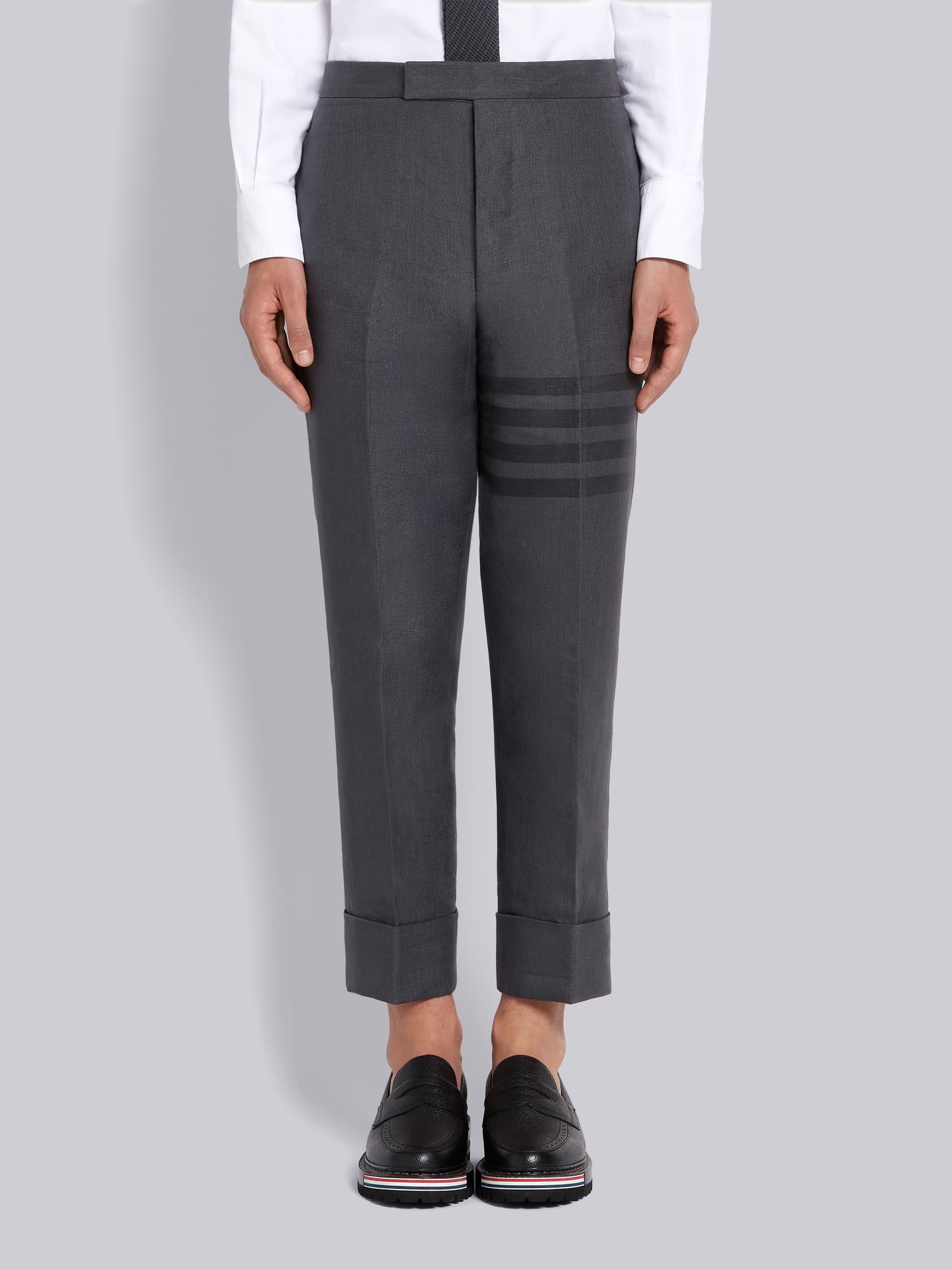 Dark Grey Crisp Linen Tonal 4-Bar Classic Trouser - 1