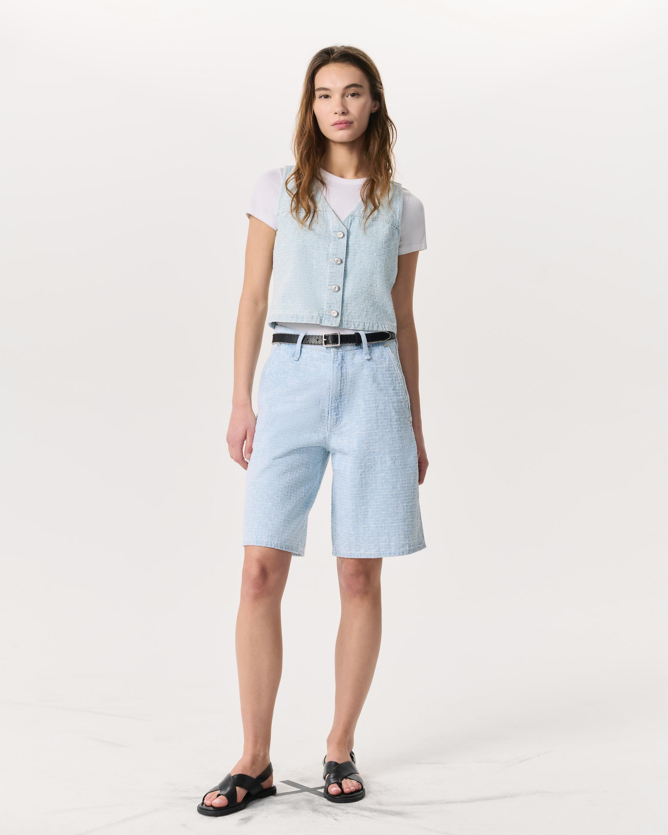 Tailored McKenna Textured Denim Shorts
Lightweight Rigid Denim - 2