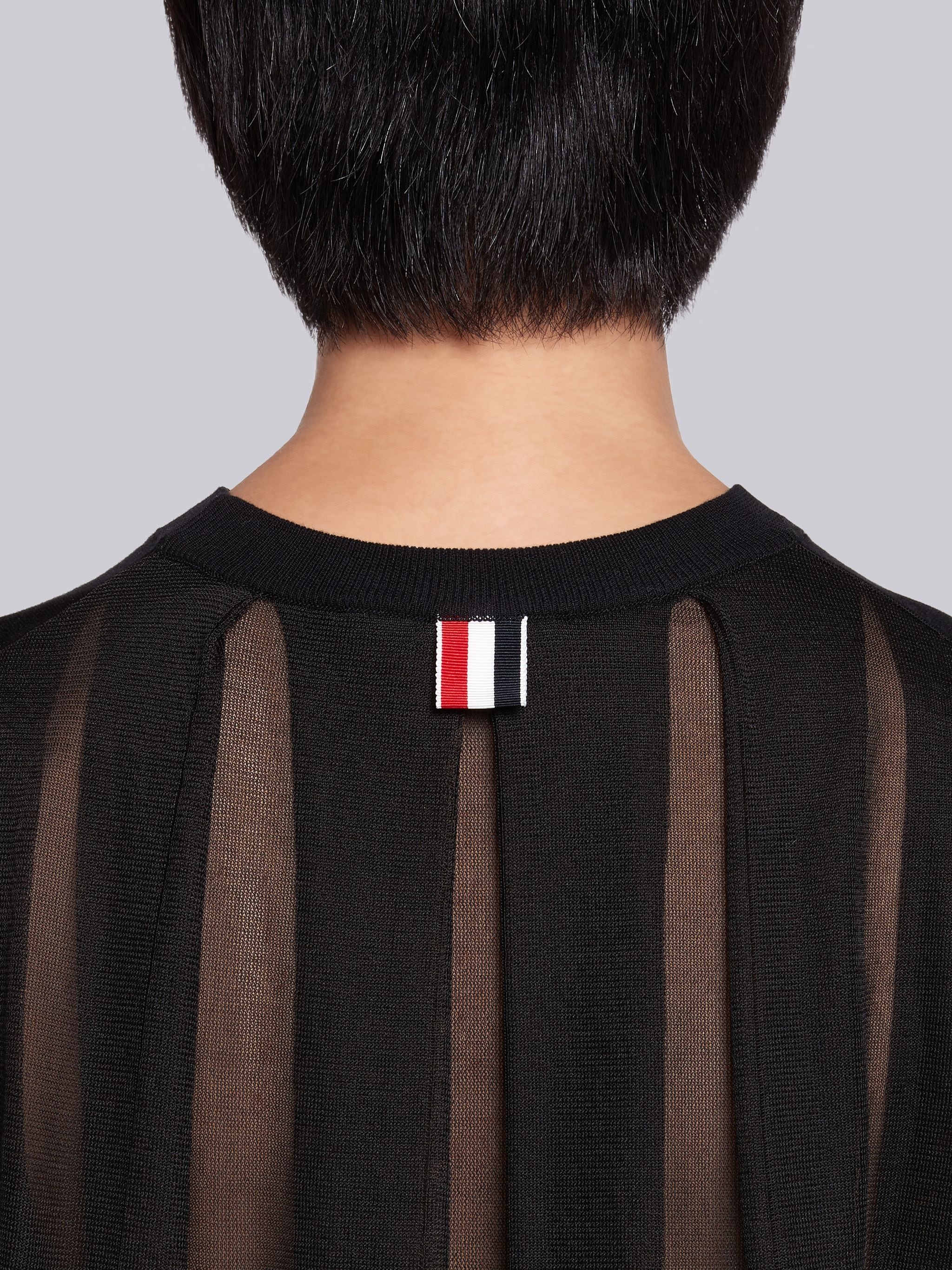 Black Silk Cotton Blend Sheer Pleated Back 4-Bar Stripe Tee - 6