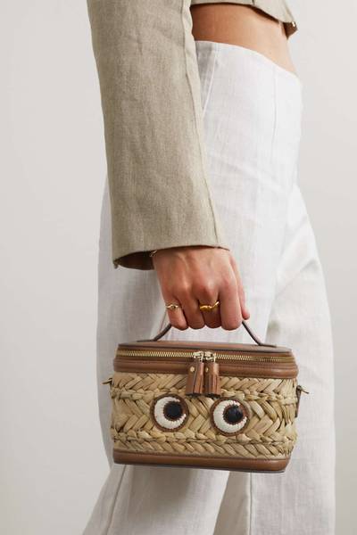 Anya Hindmarch Bits and Bobs Eyes leather-trimmed straw shoulder bag outlook