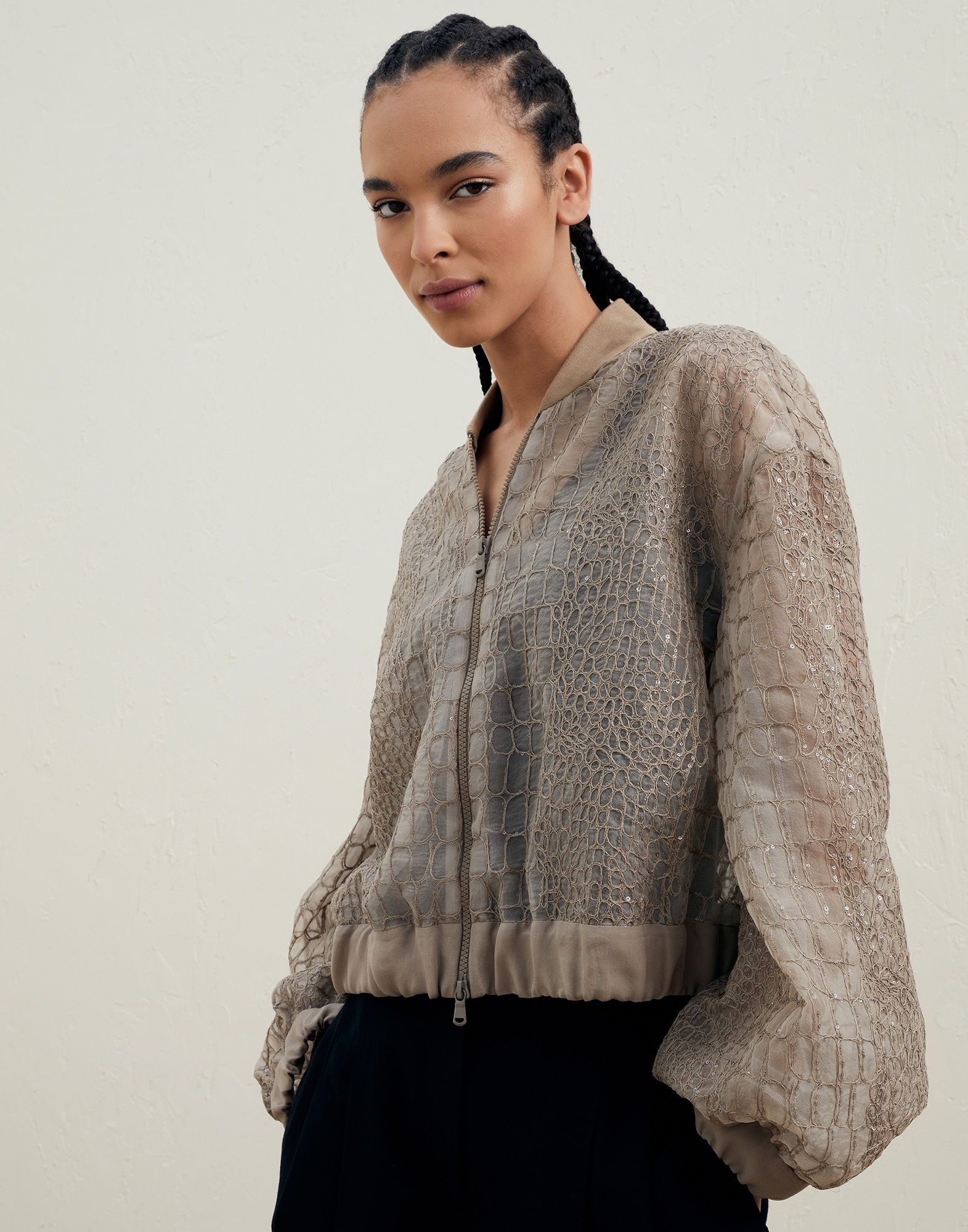 Crispy silk bomber jacket with dazzling crocodile embroidery - 1