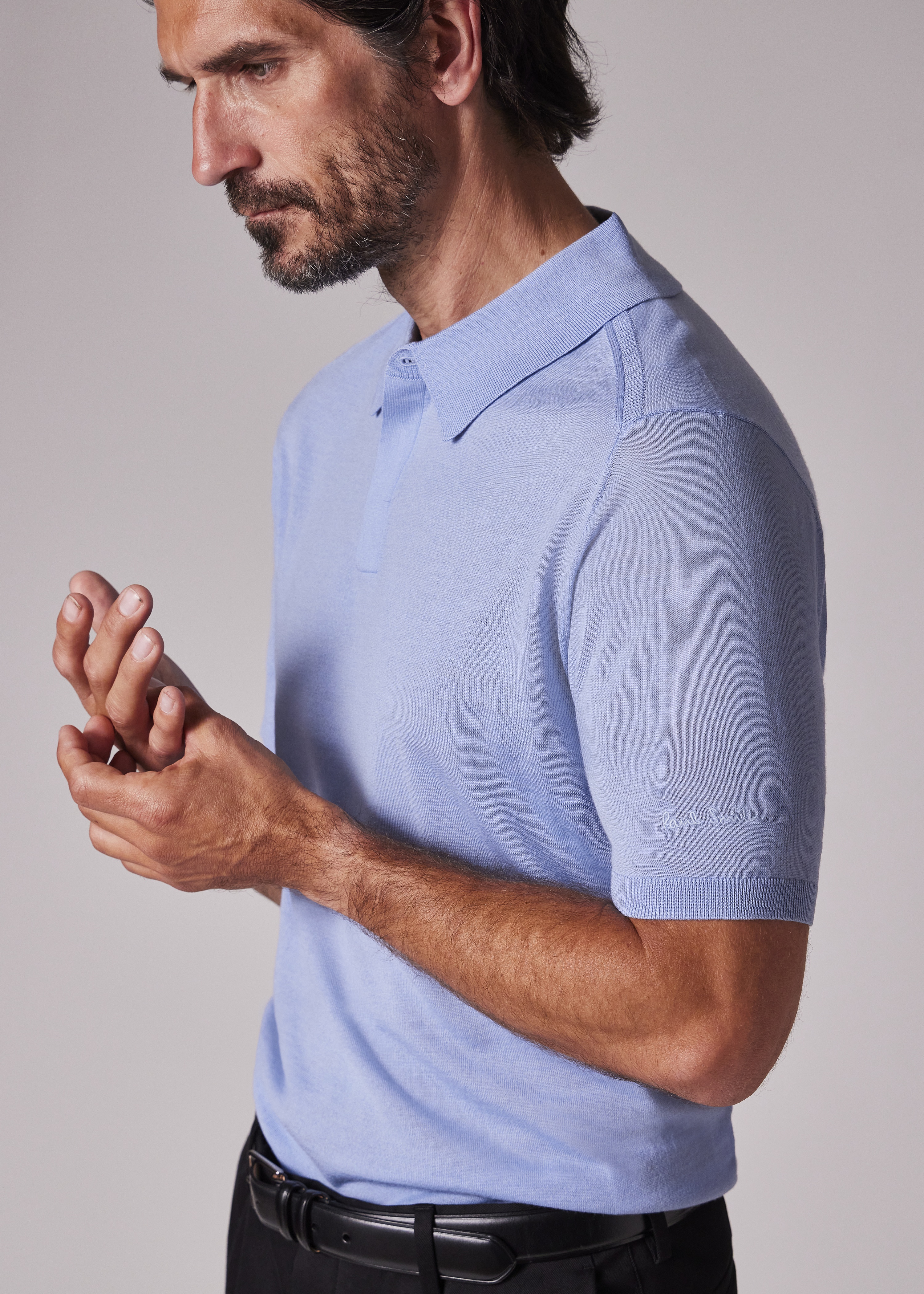 Light Blue Merino Wool Short Sleeve Polo Shirt - 3