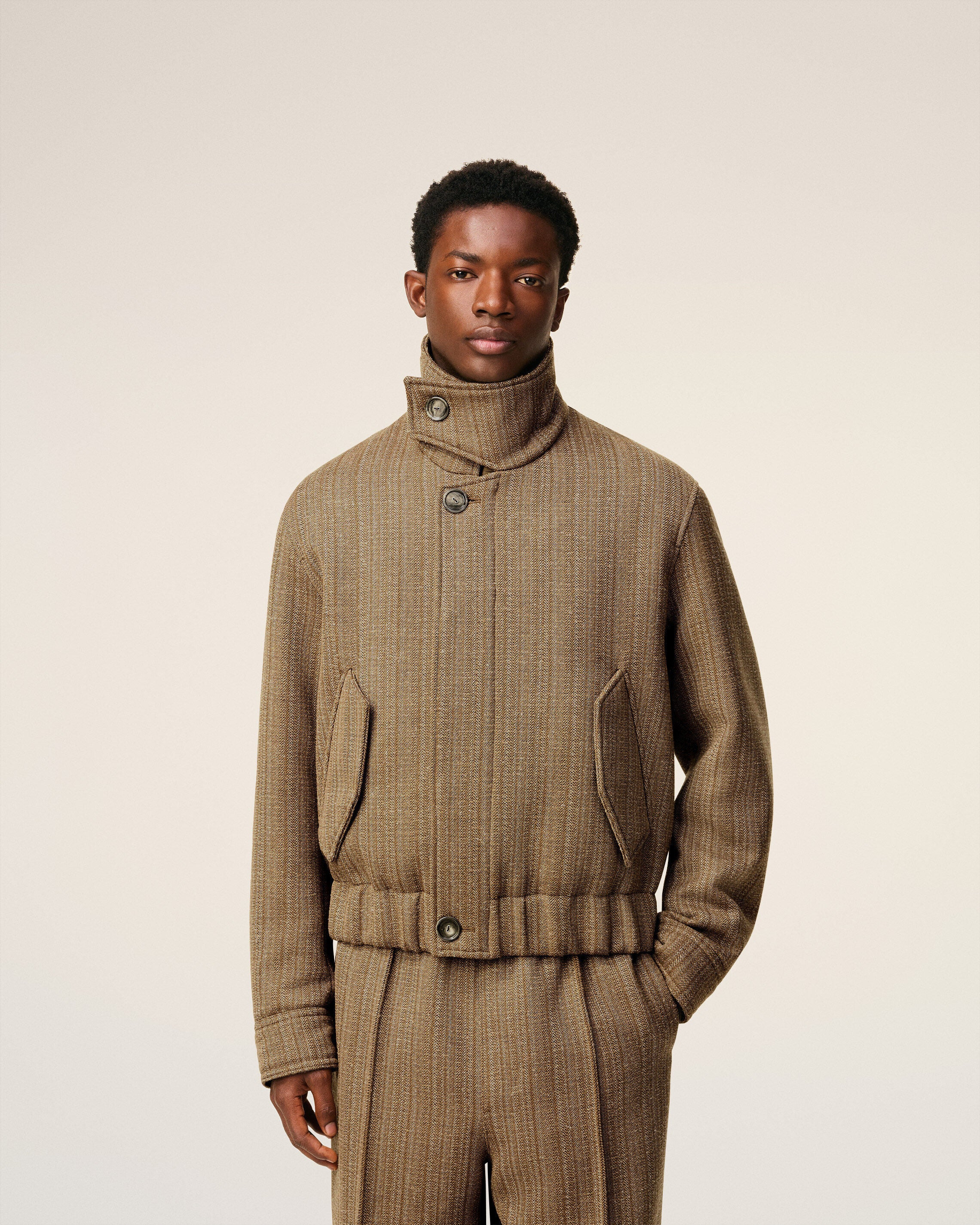 BROWN WOOL HERRINGBONE HARRINGTON JACKET - 3